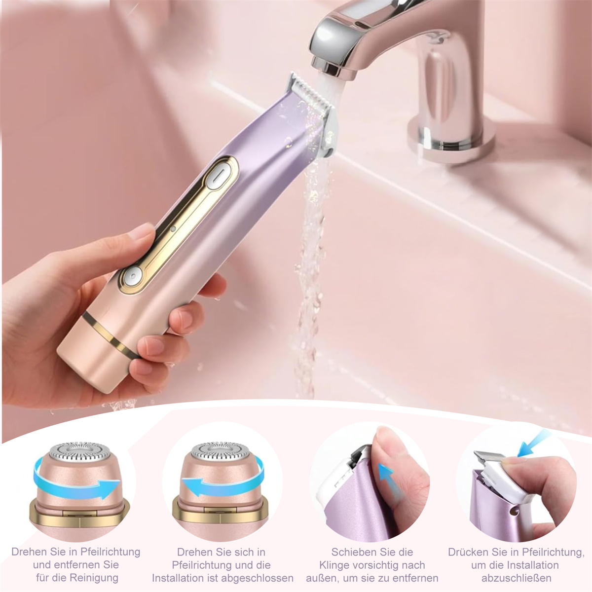 Eine Person hält einen Trimmer unter fließendem Wasser aus einem Wasserhahn. Der Trimmer ist rosa und lila mit goldenen Akzenten.