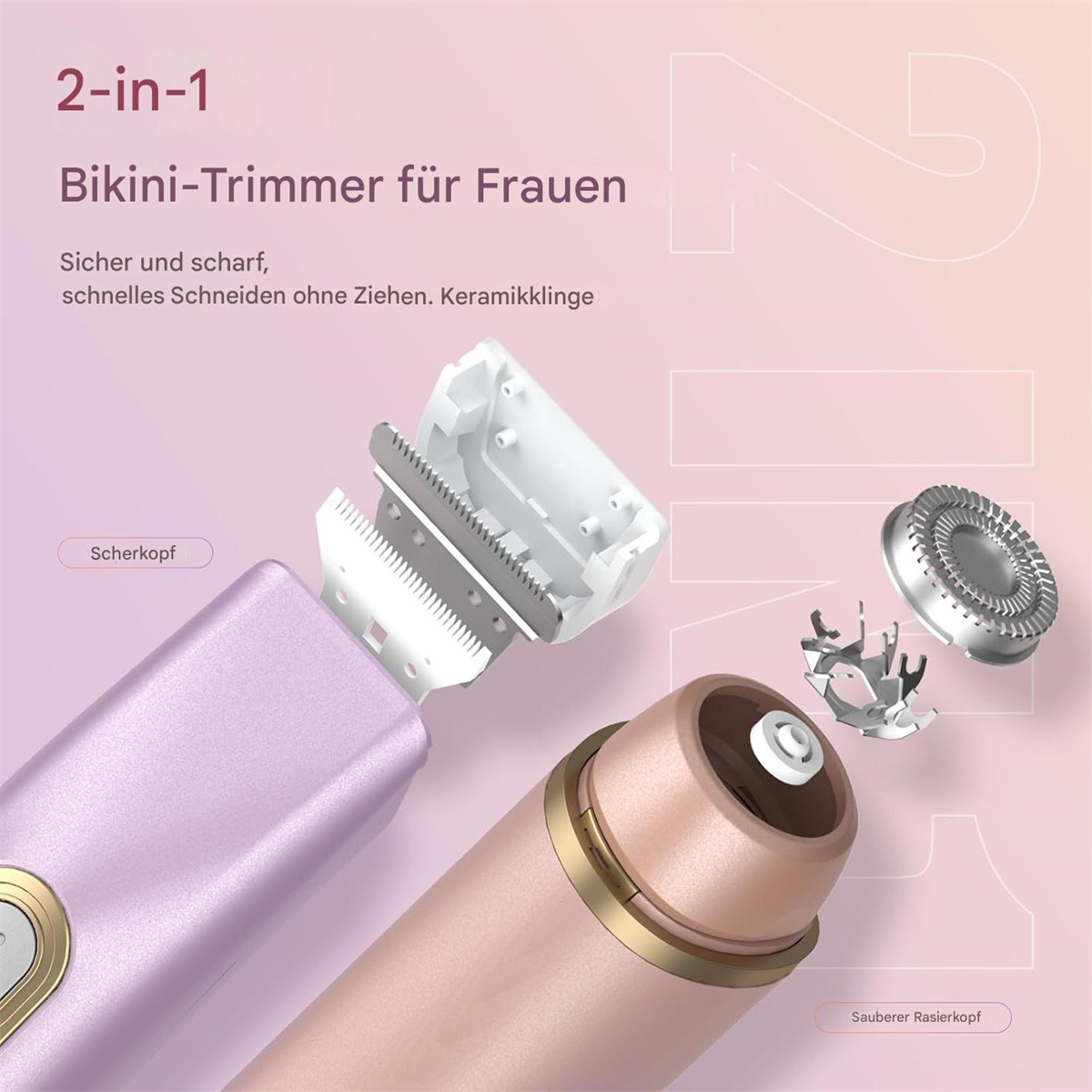 Explosionsansicht eines rosa-goldenen Bikini-Trimmers mit Trimmerkopf, Folienkopf und Keramikklingen.
