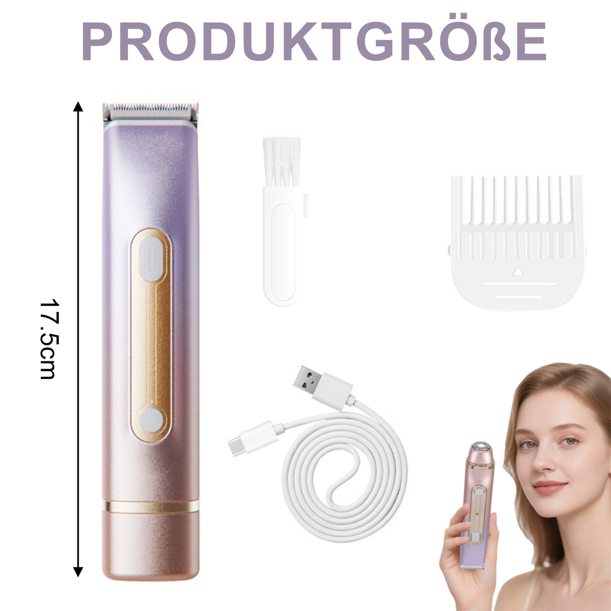 Das Bild zeigt einen Trimmer mit Zubehör und eine Frau, die einen ähnlichen Trimmer hält. Der Text lautet 'Produktgroße' und Abmessungen.