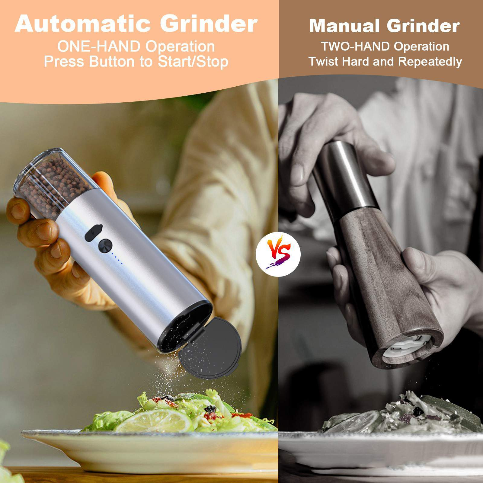 Bildvergleich zwischen automatischen und manuellen Mühlen. Automatischer Mahlwerk ist silber, manuell ist aus Holz. Beide mahlen Salz.