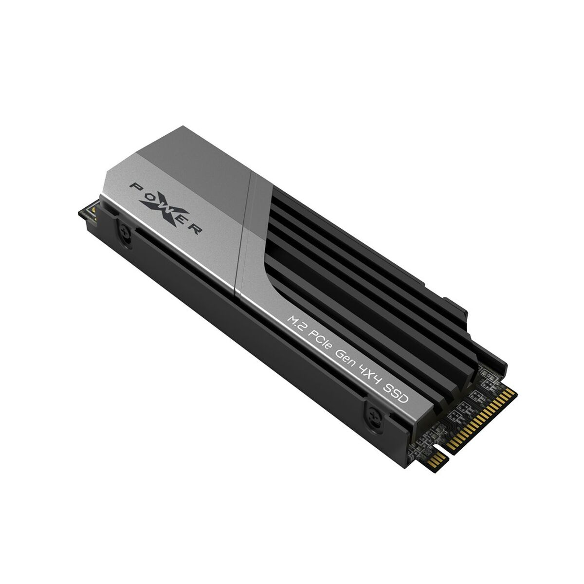 Dysk SSD M.2 PCIe Gen 4x4. Posiada czarny radiator z srebrnymi akcentami i napisem "POWER".