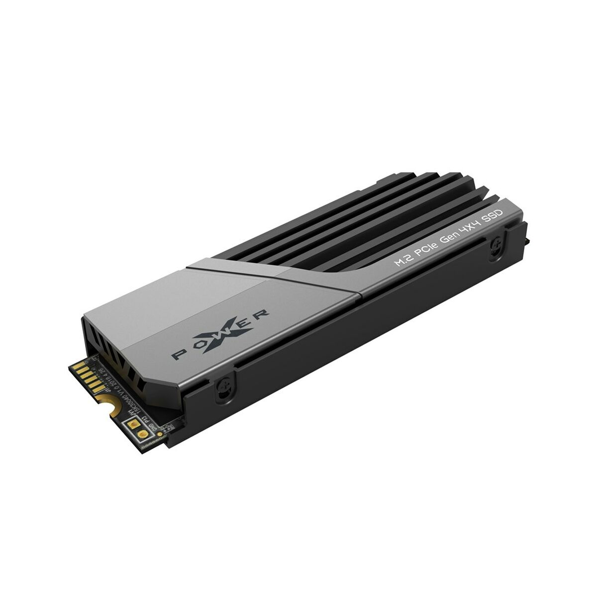 Dysk SSD M.2 PCIe Gen 4x4 na białym tle. Jest szary i czarny z napisem POWER.