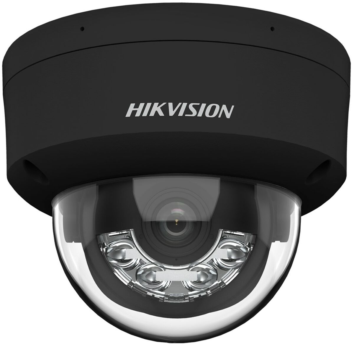 Eine schwarze Dome-Sicherheitskamera mit dem Markennamen HIKVISION. Sie hat eine transparente, abgerundete Abdeckung und ist an der Decke montiert.