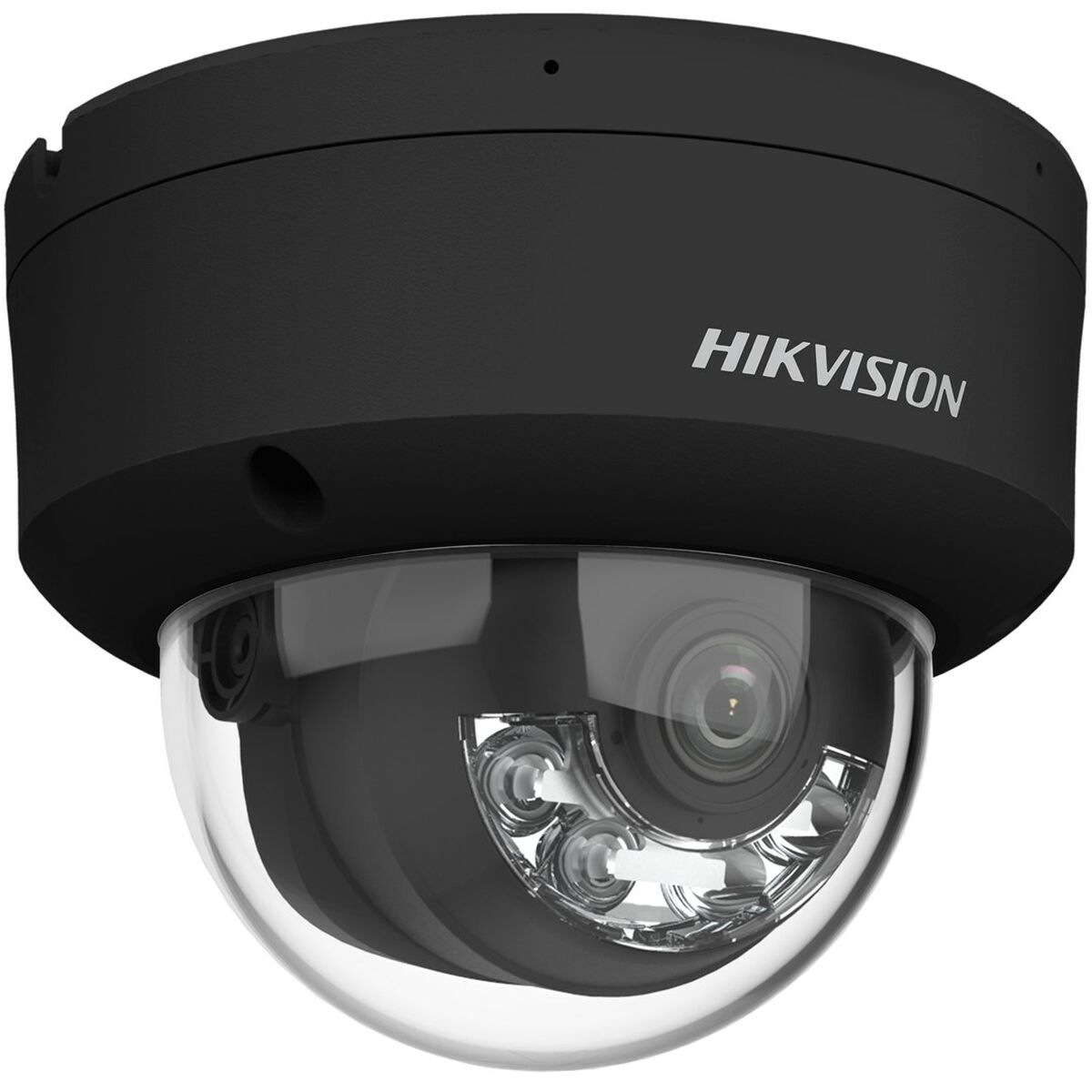 Schwarze Hikvision-Dome-Überwachungskamera mit klarer, abgerundeter Linse. Sichtbare LEDs und ein Objektiv.