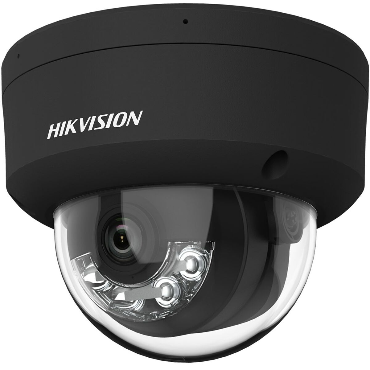 Schwarze Hikvision-Dome-Überwachungskamera mit klarer, runder Linsenabdeckung und LED-Leuchten. Der Markenname ist sichtbar.