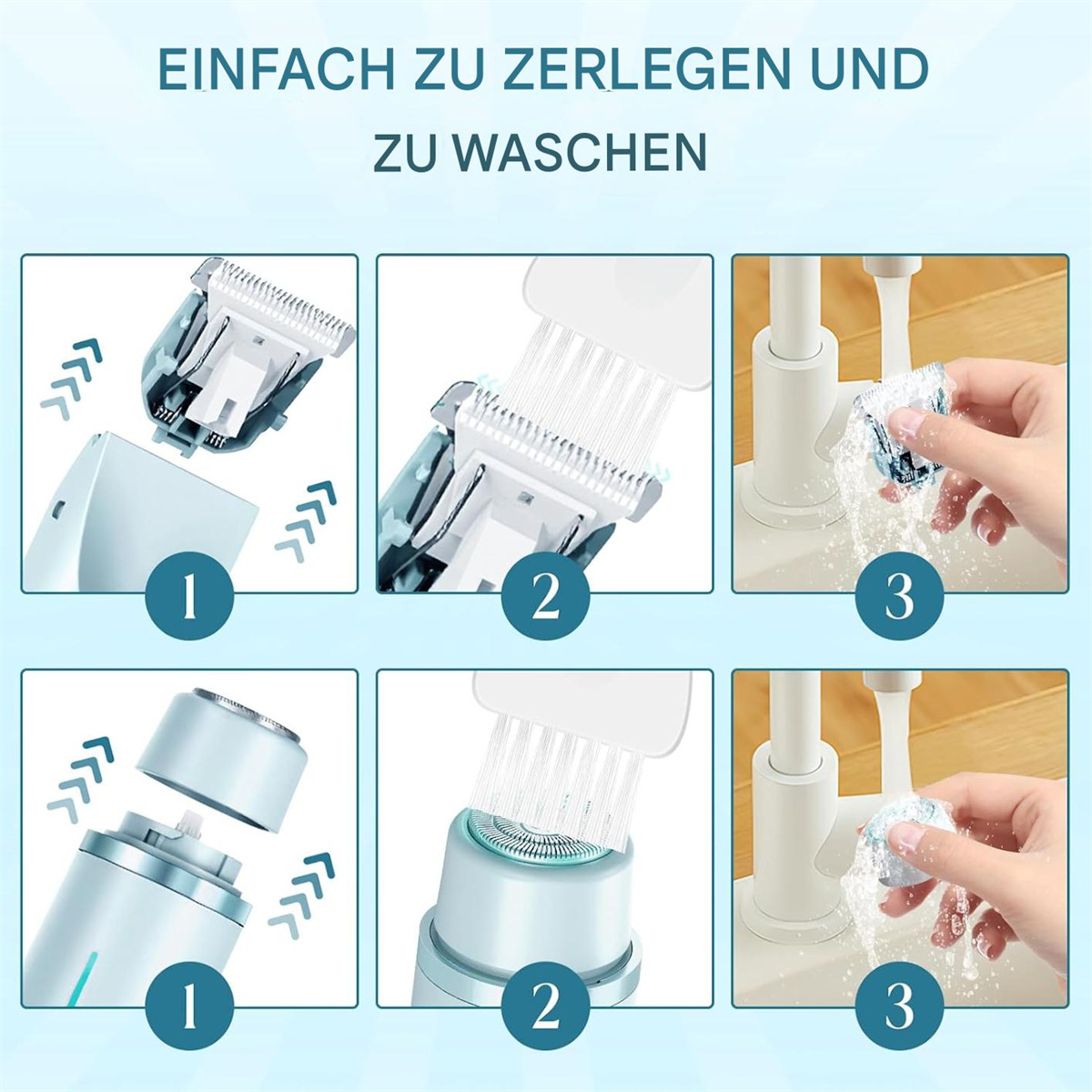 Das Bild zeigt Demontage- und Reinigungsschritte für einen Elektrorasierer, mit beschrifteten Phasen und Illustrationen von Teilen und Waschen.