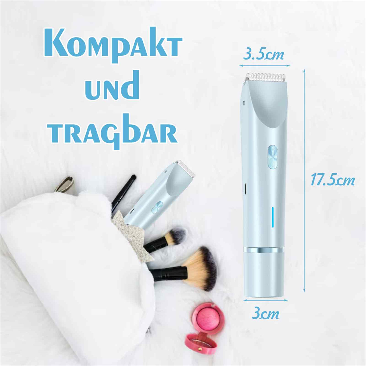 Blauer Haarschneider mit Maßen, Make-up-Pinseln und einer Kosmetiktasche, mit Text "Kompakt und Tragbar" auf weißem Hintergrund.