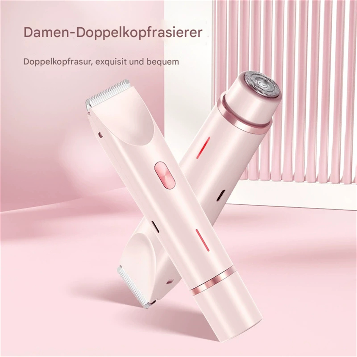Zwei rosa elektrische Rasierer, einer über dem anderen gekreuzt, vor rosa Hintergrund. Text oben auf Deutsch.