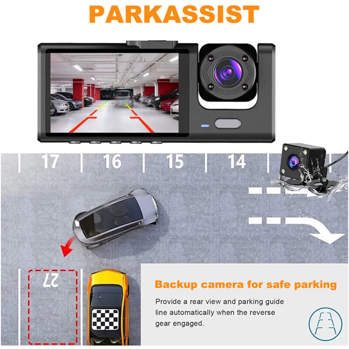 Ein Parkassistenzsystem. Das Bild zeigt ein Auto, das in einer Garage parkt, mit einer Rückfahrkamera, einem Monitor und einer Parkhilfe.