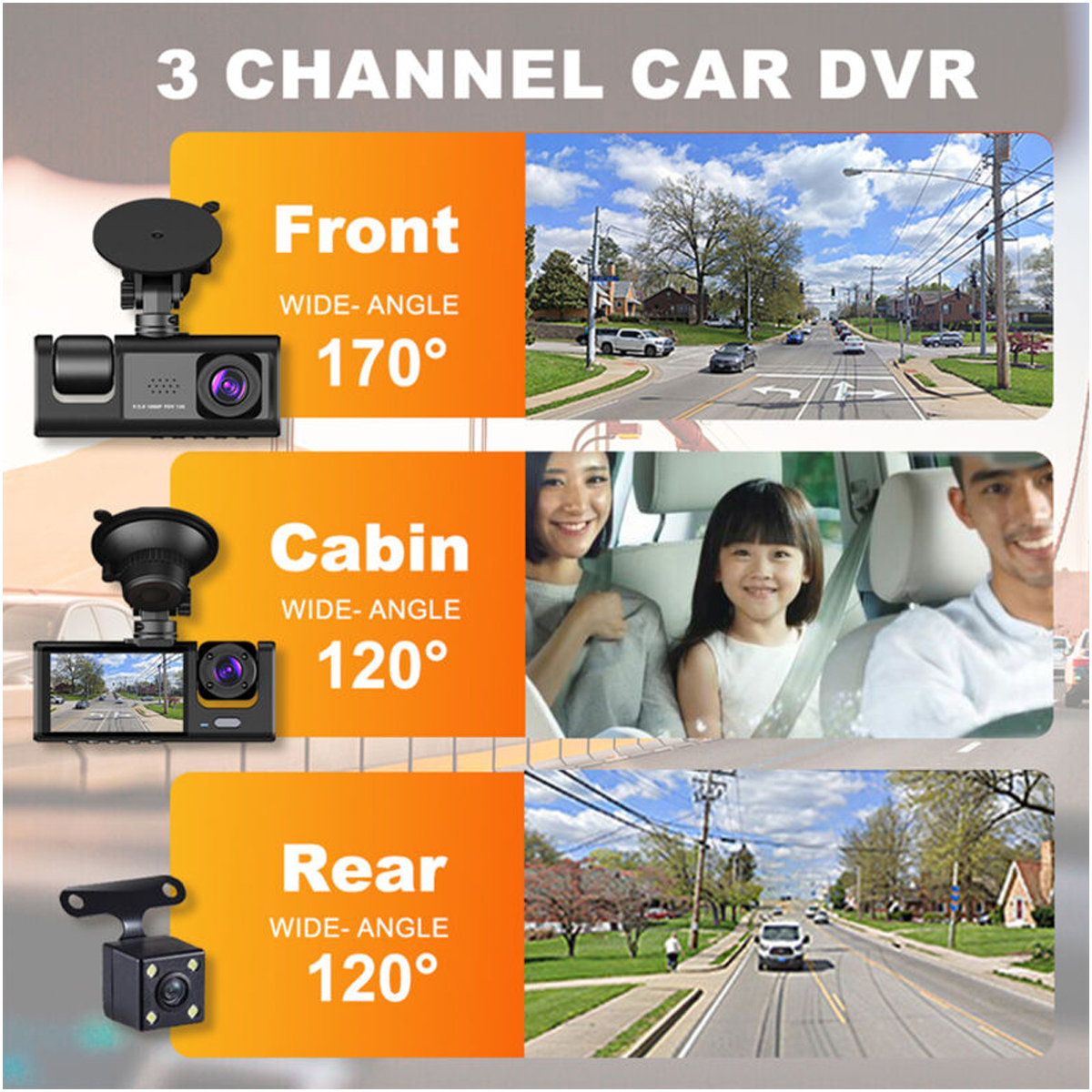 Das Bild zeigt ein 3-Kanal-Auto-DVR-System. Front-, Kabinen- und Rückfahrkameras mit Weitwinkel werden angezeigt.