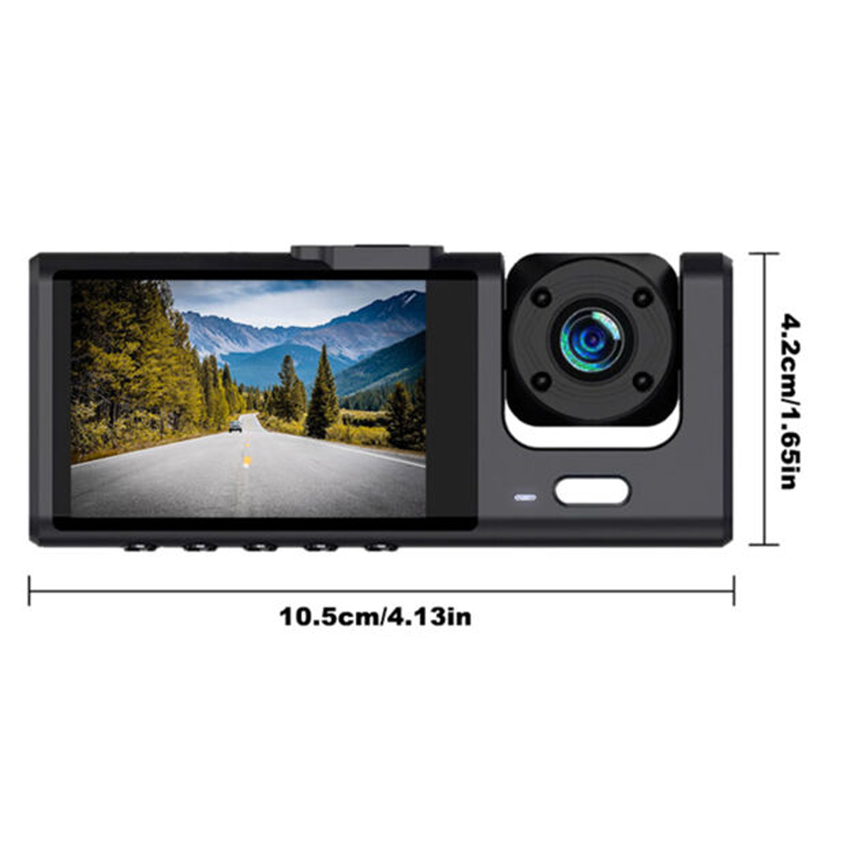 Schwarze Dashcam mit Bildschirm, der eine Straße durch Berge zeigt, ein Kameraobjektiv und Größenangaben von 10,5 cm/4,13 Zoll und 4,2 cm/1,65 Zoll.