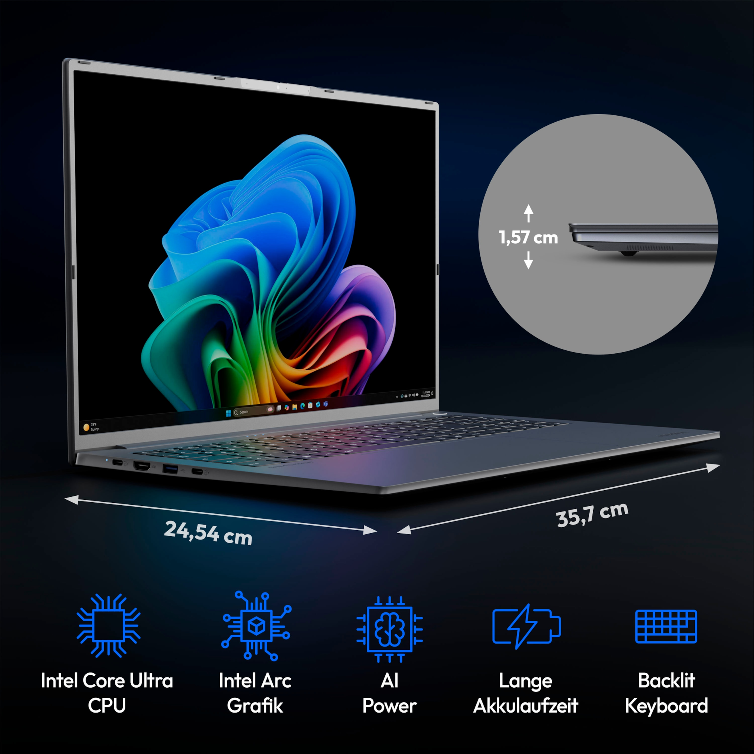 Geöffneter Laptop mit farbenfrohem Bildschirm auf dunklem Hintergrund, der Abmessungen und Funktionen zeigt.