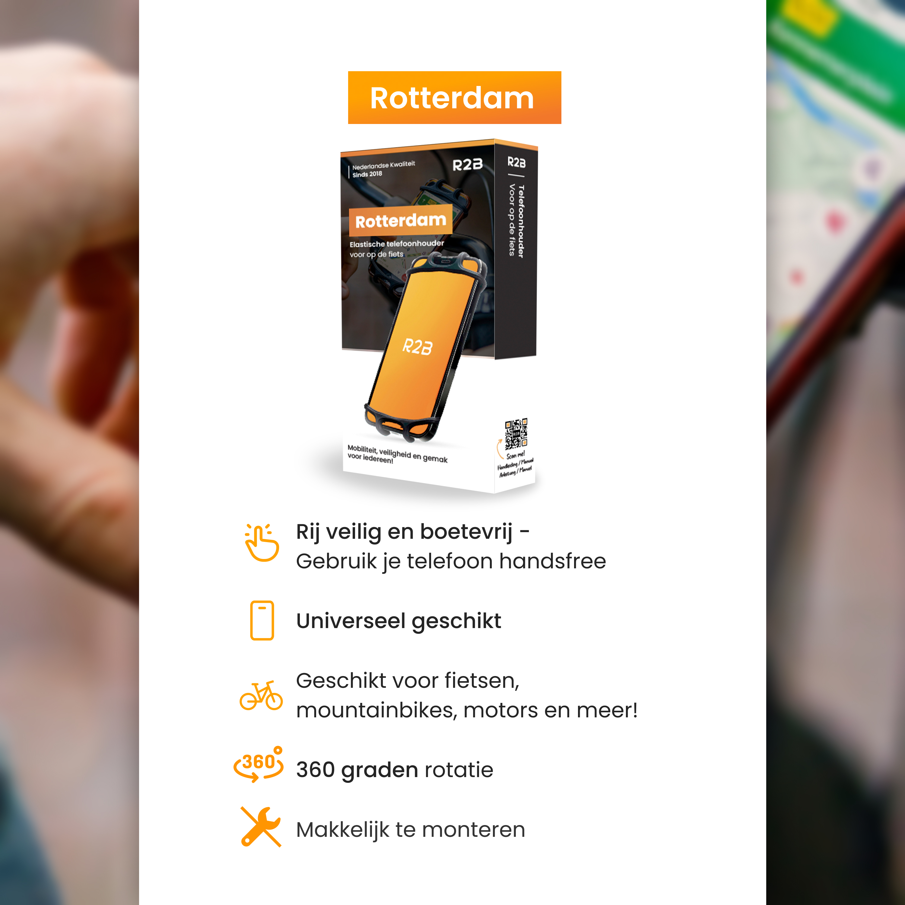 Een advertentie toont een telefoonhouderdoos. Het heeft tekst en pictogrammen met betrekking tot telefoongebruik op fietsen.