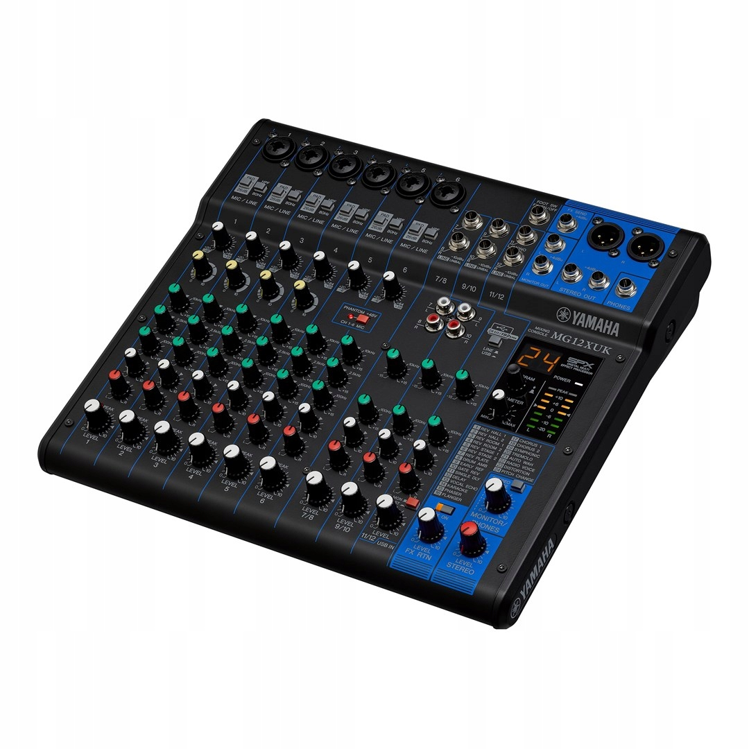 Ein schwarzer Yamaha MG12XUK Audiomixer mit zahlreichen Knöpfen, Fadern und Ein-/Ausgangsbuchsen, blauen Akzenten und Digitalanzeige.
