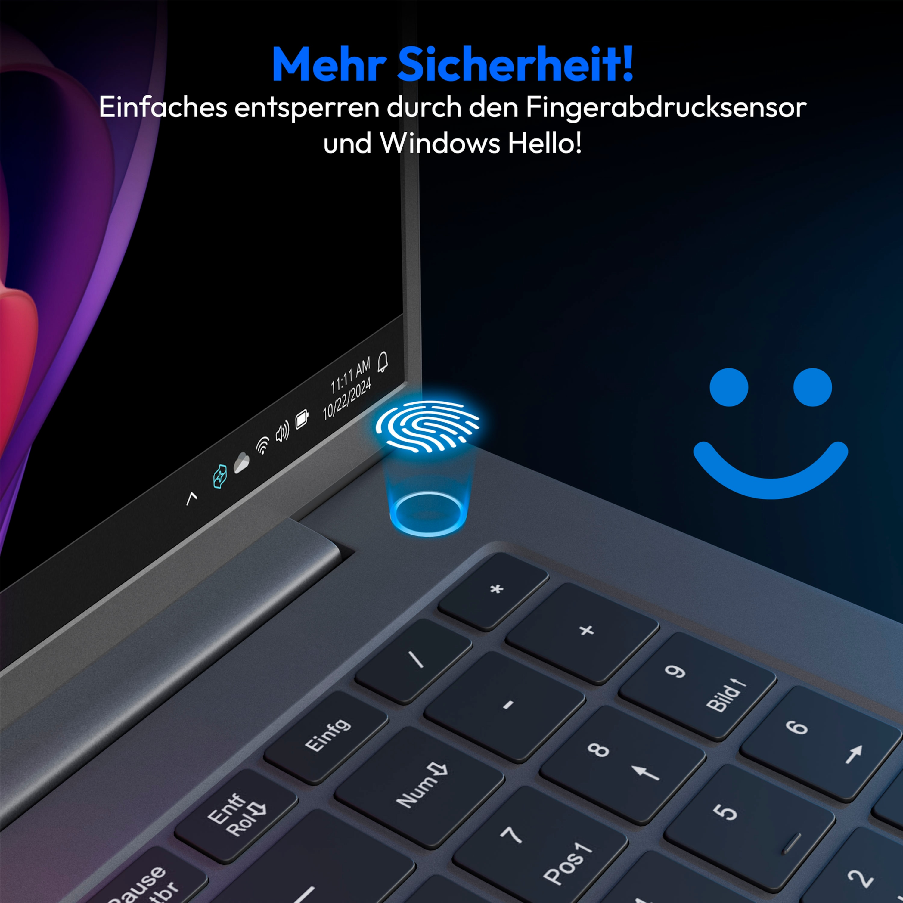 Laptop-Tastatur mit Fingerabdrucksensor-Symbol. Blaues Smiley-Gesicht rechts. Text auf Deutsch über Sicherheit.