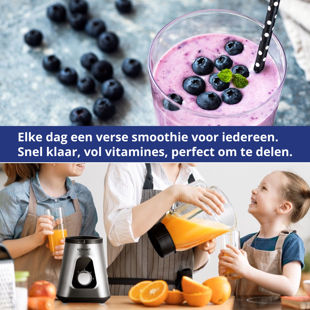 Afbeelding toont een smoothie met blauwe bessen en een blender. Een persoon giet sinaasappelsap in een glas voor een kind. Sinaasappels liggen op tafel.