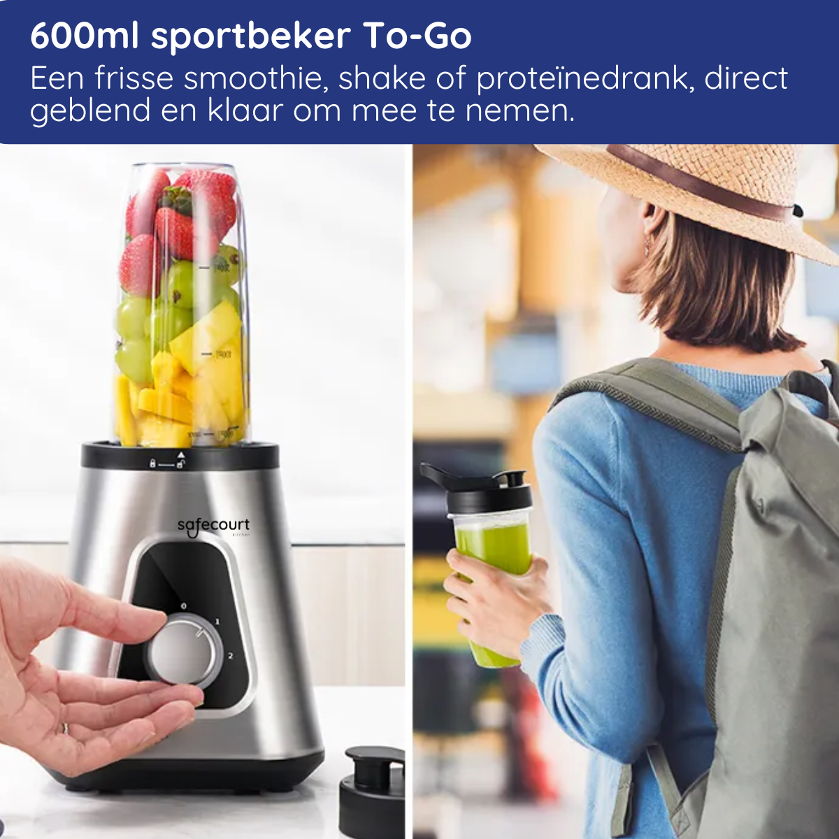 Een blender met fruit en een persoon die een smoothie vasthoudt. Een vrouw met hoed en rugzak staat op de achtergrond.