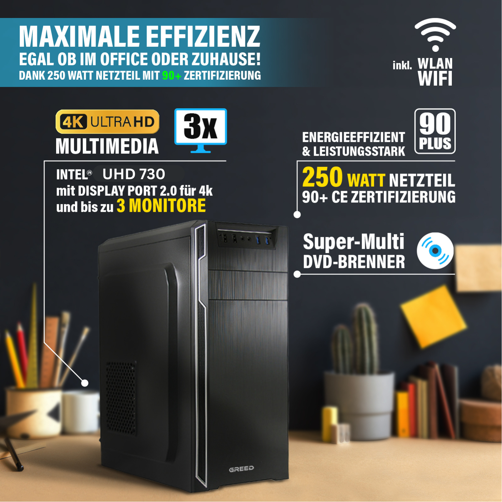 Czarna obudowa komputera z tekstem o 4K, multimediach i zasilaczu 250W. Zawiera Wi-Fi i nagrywarkę DVD.