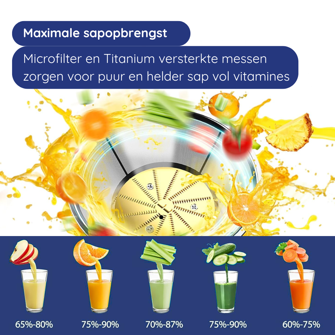 Juicer met fruit en groenten, sinaasappelsap, appelsap, selderijsap, komkommersap en wortelsap. Tekst bovenaan.