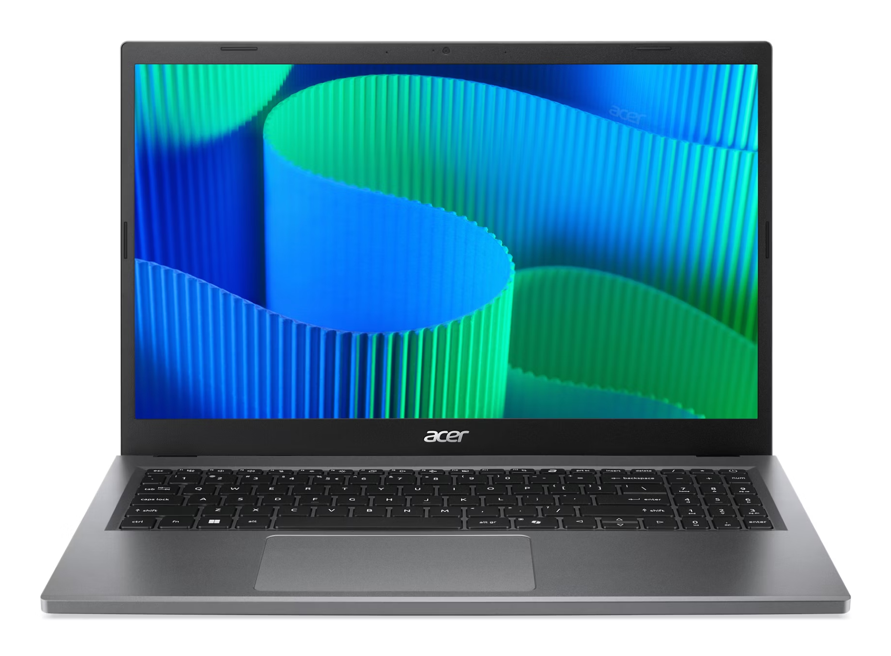 Un laptop Acer grigio è aperto, mostrando uno sfondo blu e verde ondulato. La tastiera è visibile e lo schermo è centrato.