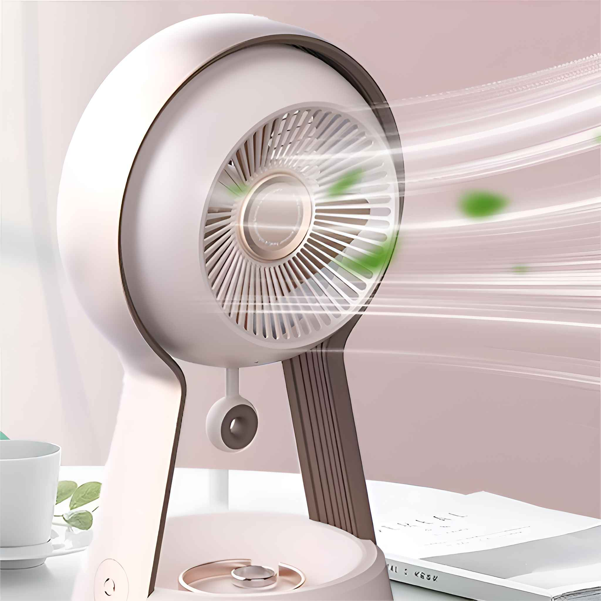 Ein weiß-goldener Ventilator auf einem Tisch. Der Ventilator bläst Luft mit grünen Blättern. Eine Tasse und ein Buch sind ebenfalls sichtbar.