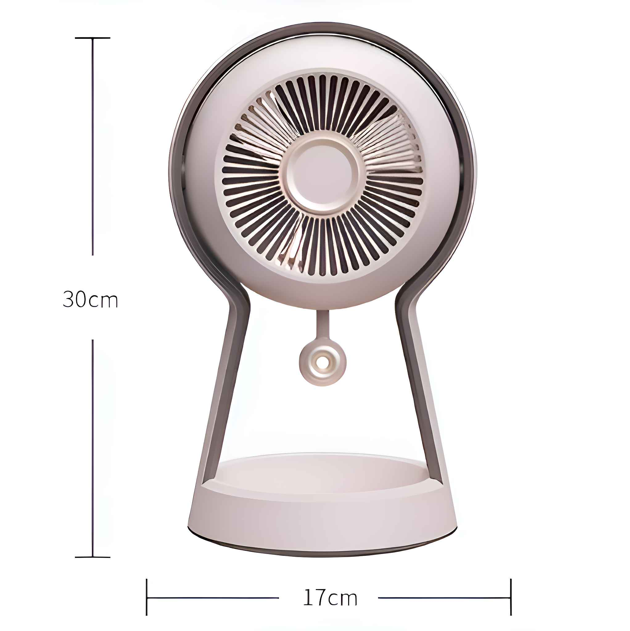 Ein weiß-grauer Ventilator, 30 cm hoch und 17 cm breit. Er hat einen runden Kopf mit Blättern und einem Sockel.