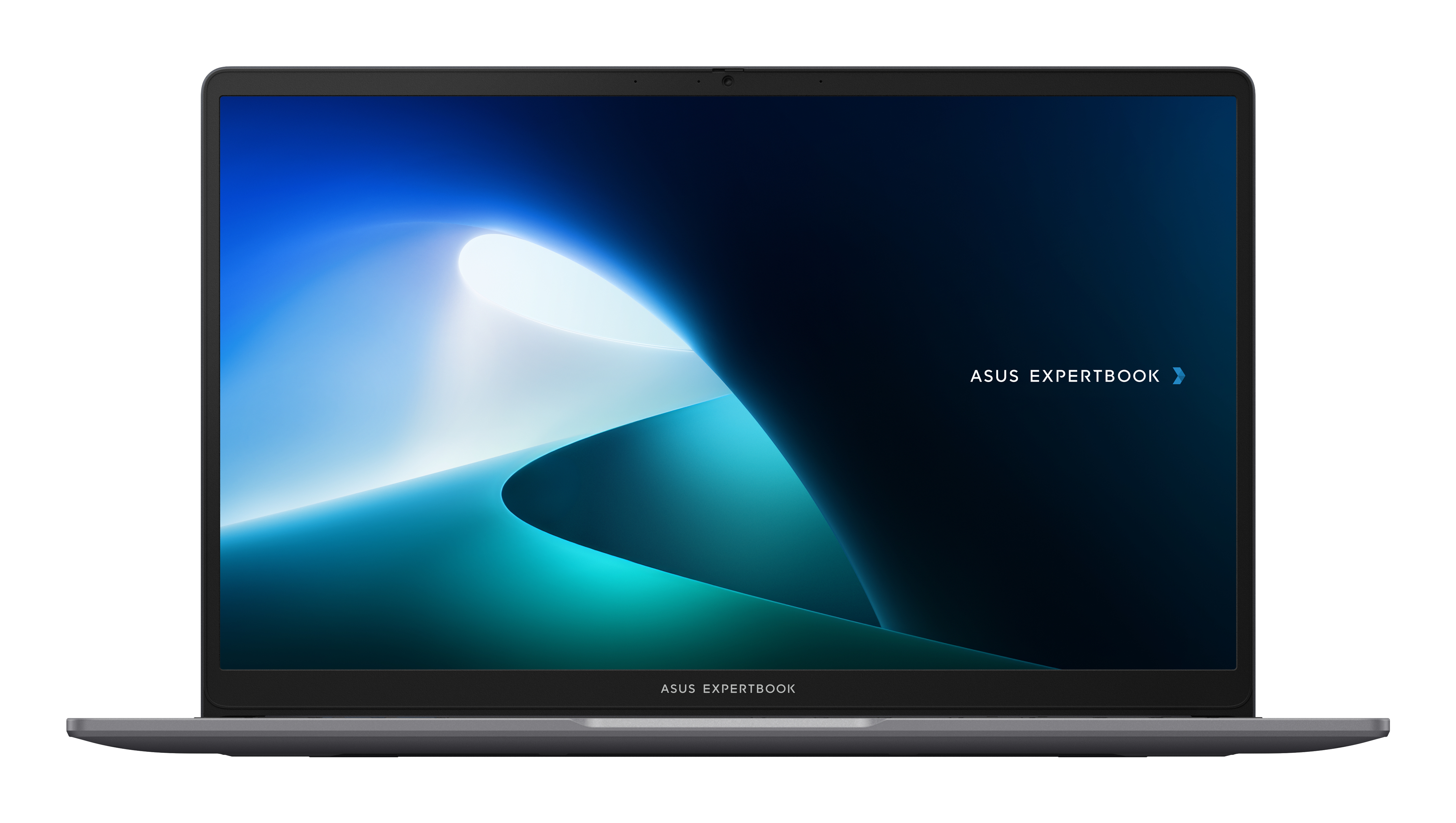 Laptop z ekranem wyświetlającym niebiesko-biały abstrakcyjny wzór. Widoczny jest tekst "ASUS EXPERTBOOK".