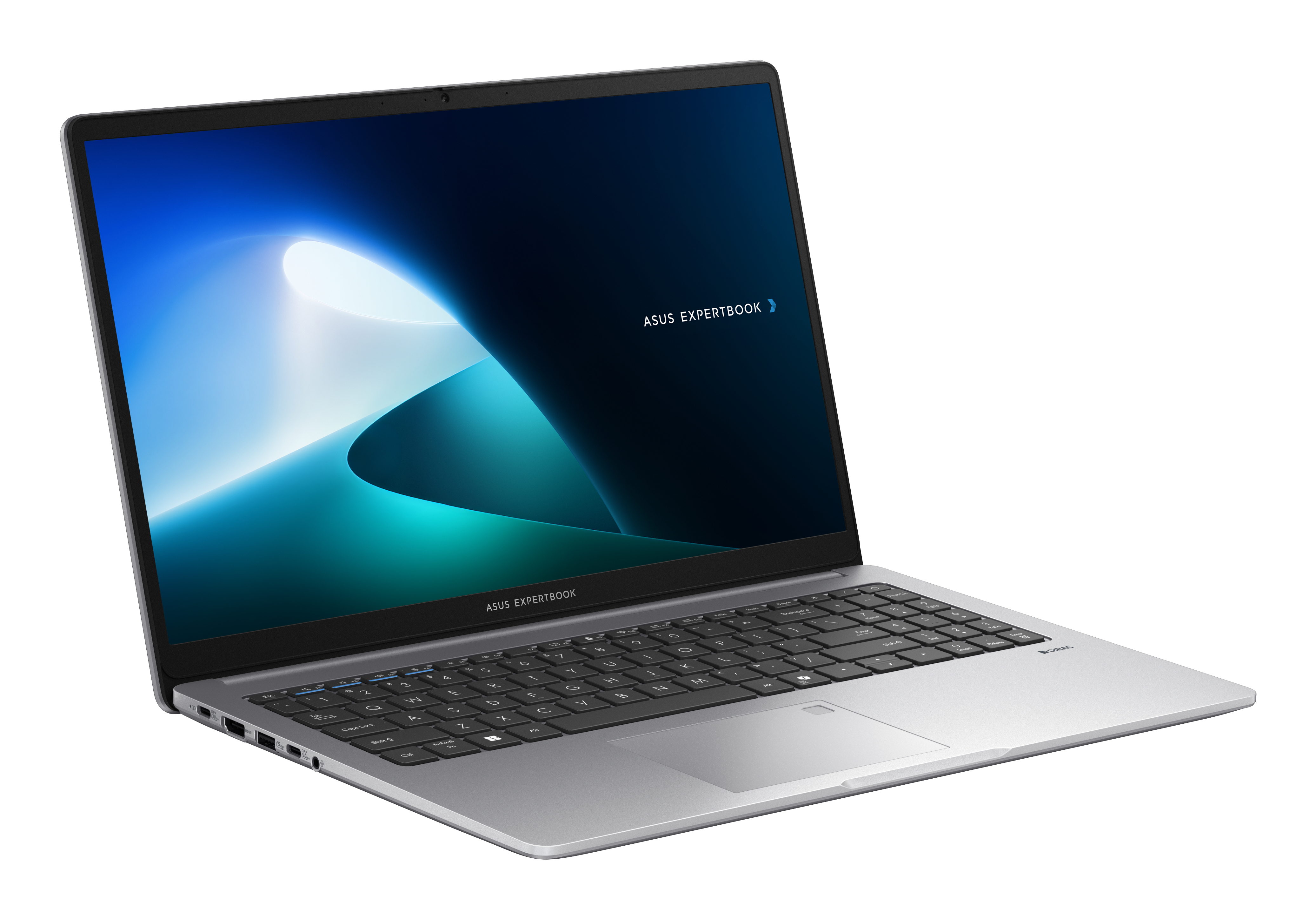 Otwarty srebrny laptop ASUS ExpertBook. Ekran wyświetla niebiesko-turkusowy gradient. Klawiatura jest widoczna.