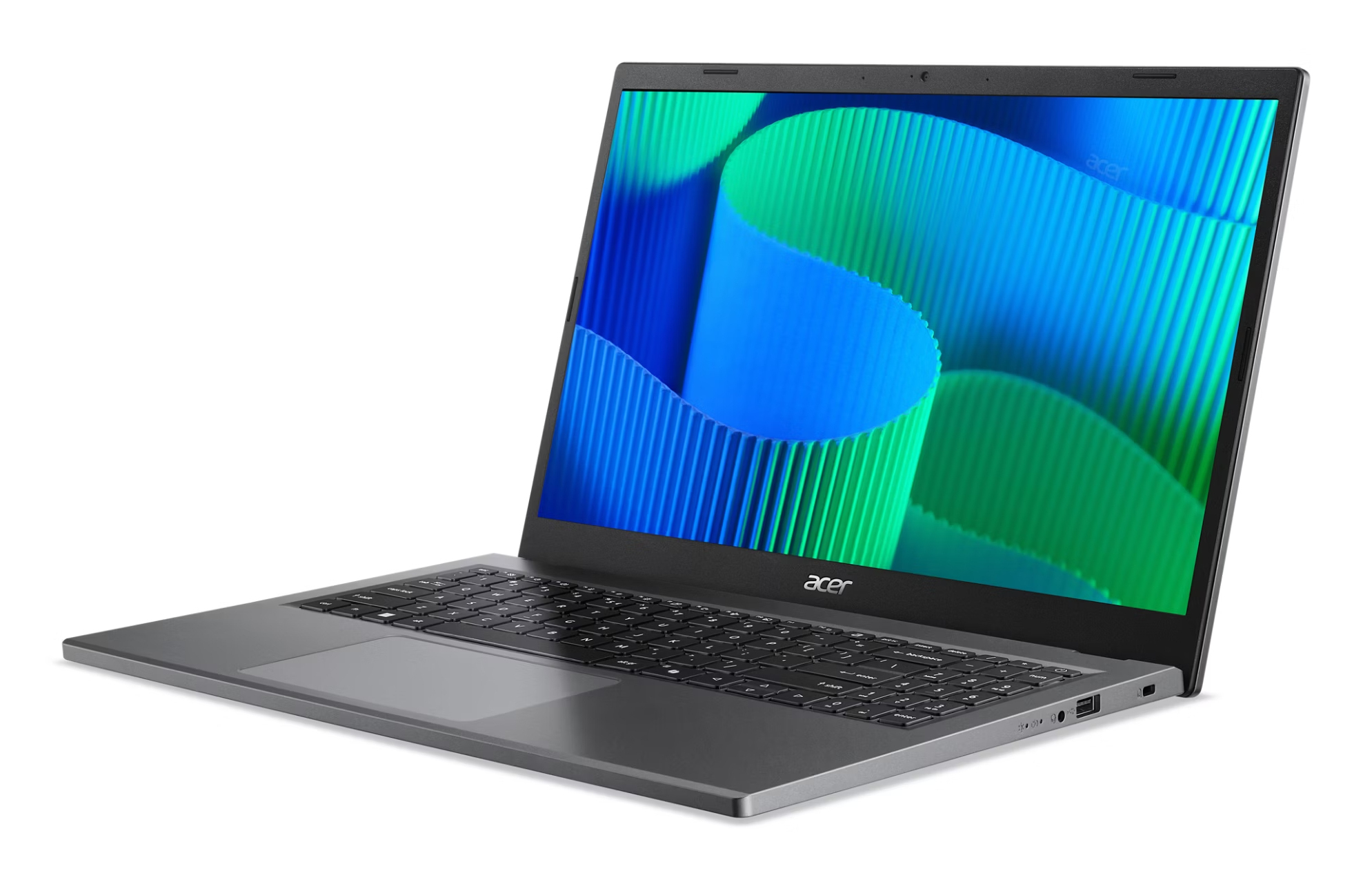 Un laptop Acer grigio è leggermente aperto. Lo schermo mostra onde blu e verdi. Tastiera e touchpad sono visibili. Logo Acer sullo schermo.