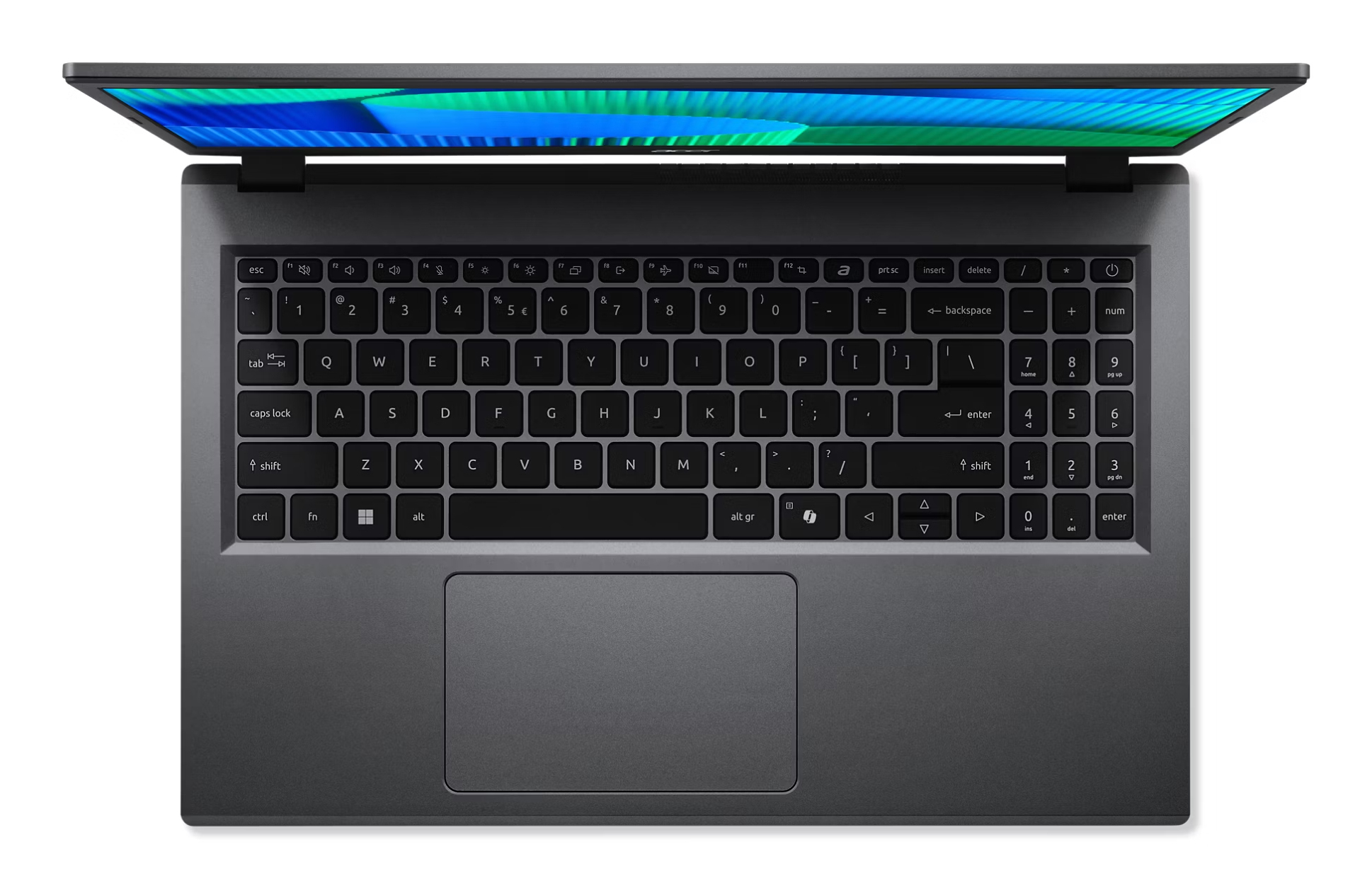 Un laptop con schermo aperto, che rivela una tastiera e un touchpad. Lo schermo mostra un motivo blu e verde.