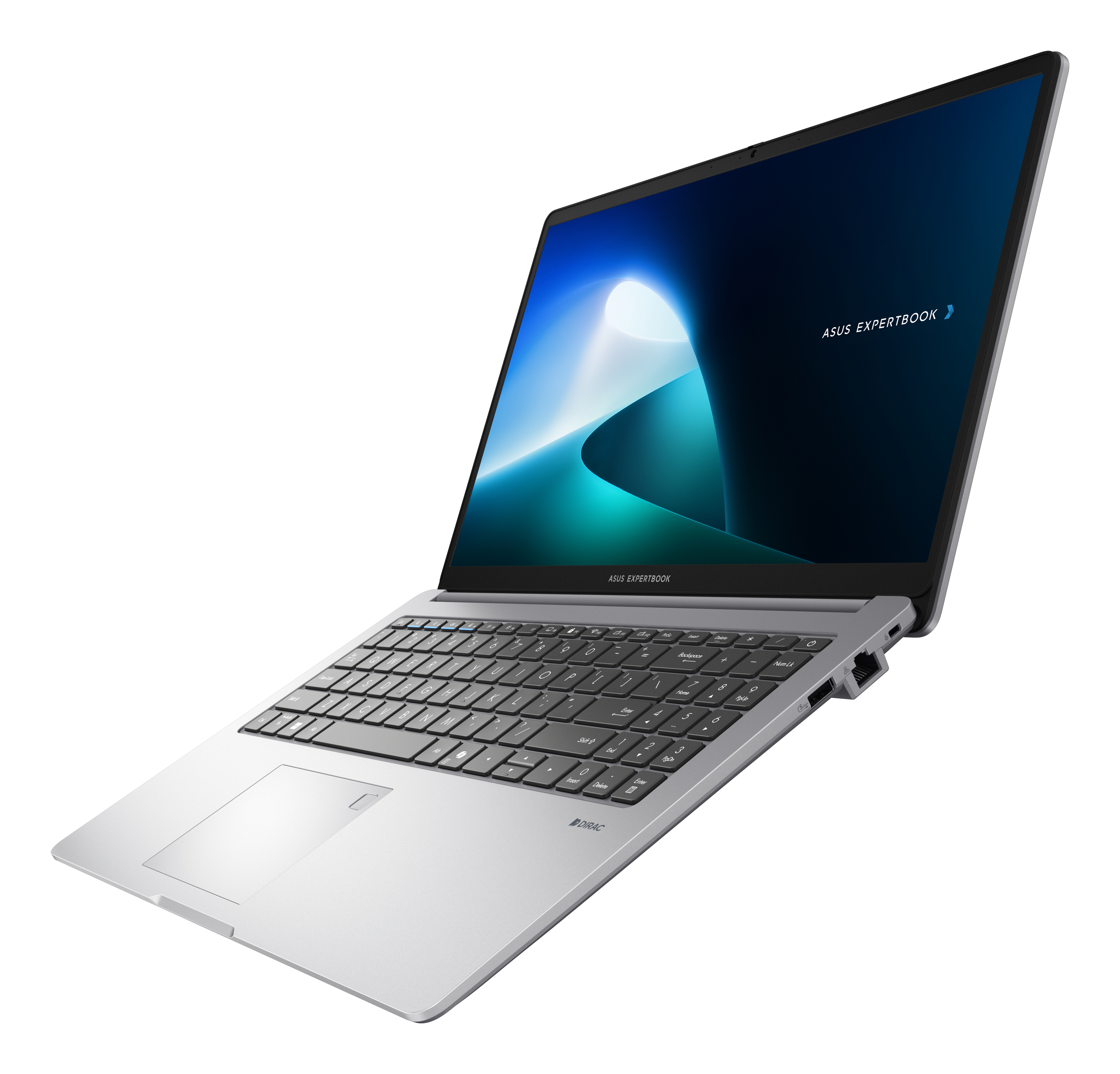 Srebrny laptop ASUS ExpertBook. Otwarty, pod kątem. Czarna klawiatura, ekran z niebieskim i turkusowym abstrakcyjnym wzorem. Białe tło.