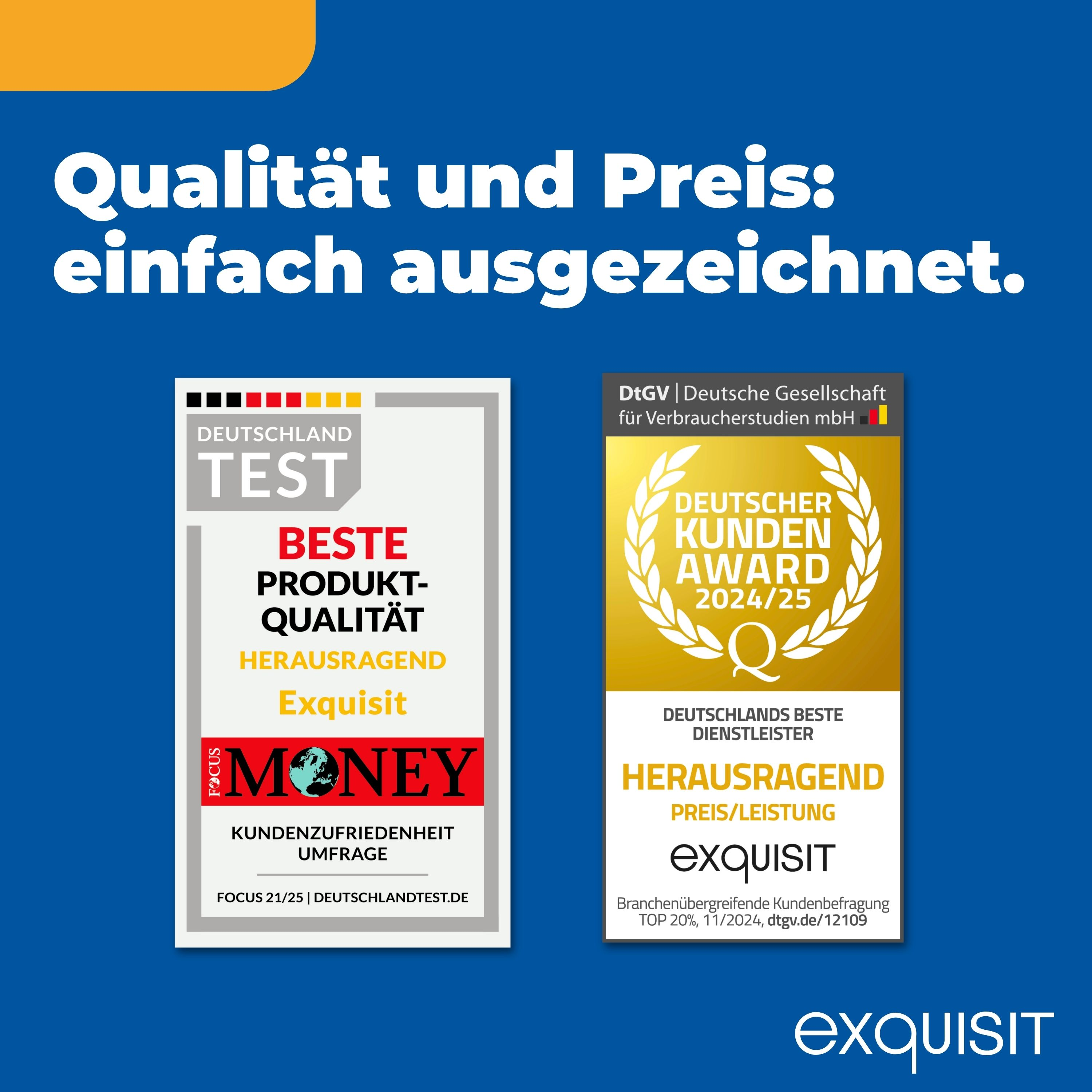 Das Bild zeigt Auszeichnungen für Exquisit, darunter Beste Produktqualität und Kunden-Award 2024/25, mit deutschem Text.