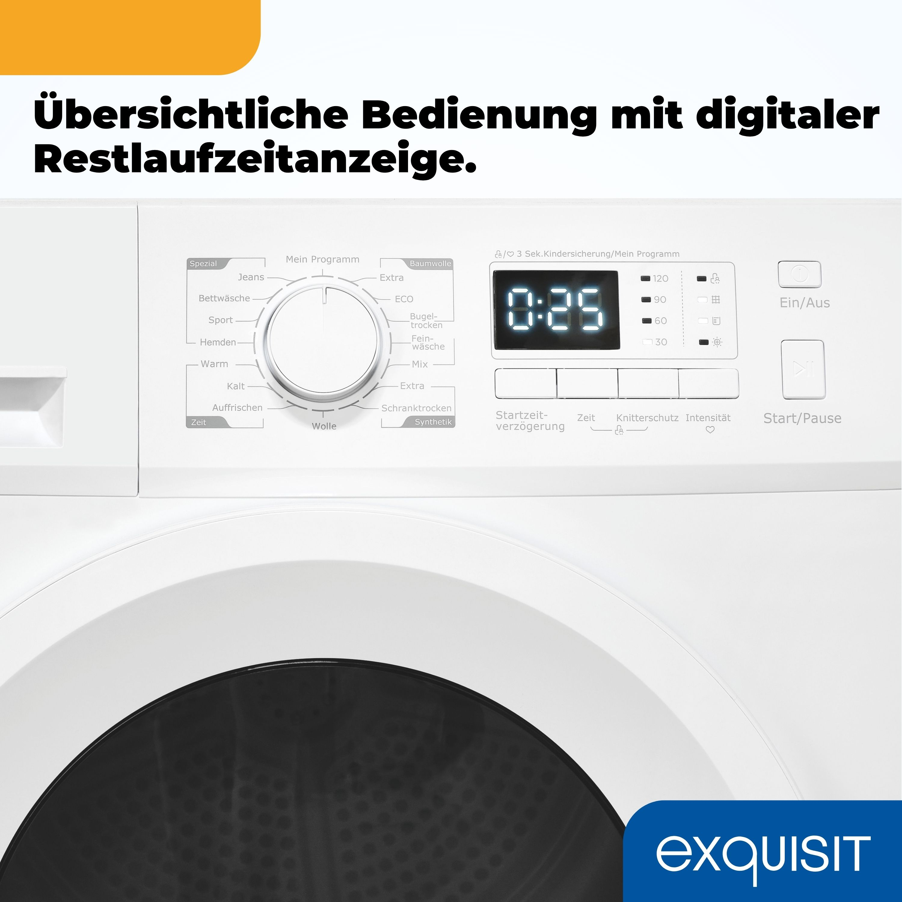 Weißes Waschmaschinen-Bedienfeld mit digitalem Timer, der 0:25 anzeigt. Es hat verschiedene Knöpfe und einen Drehregler.