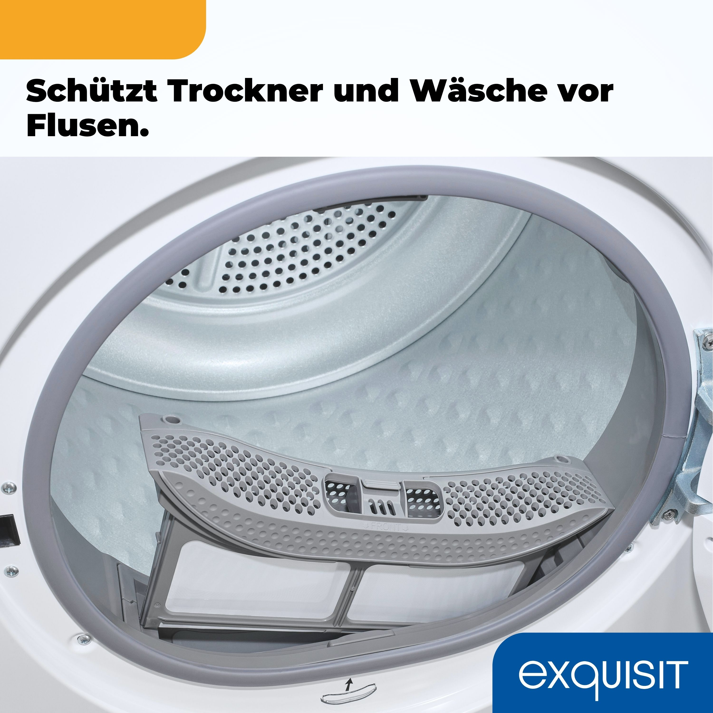 Im Inneren eines weißen Trockners. Ein grauer Filter befindet sich in der Mitte. Der Text lautet: Schützt Trockner und Wäsche vor Flusen.