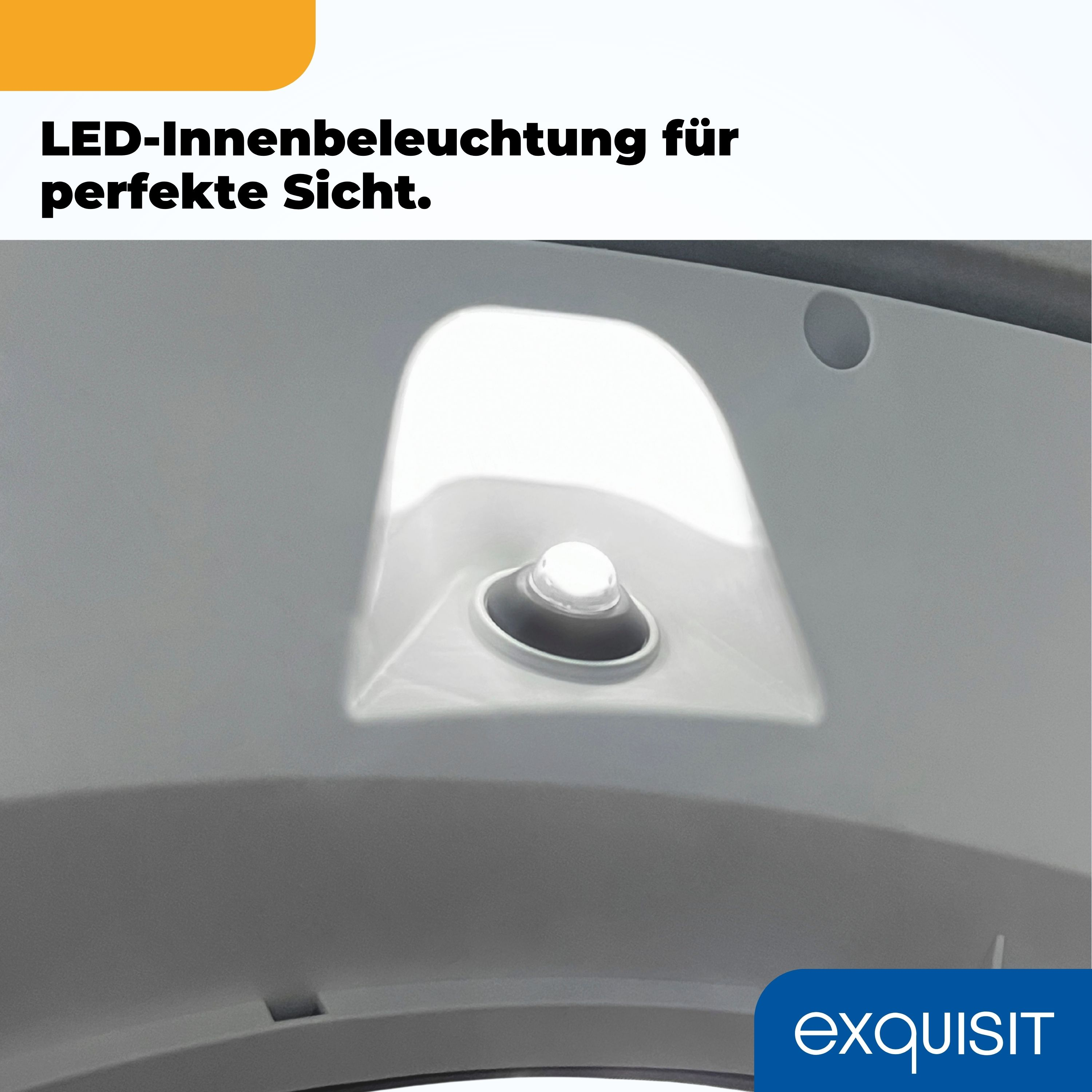 Innenraumbeleuchtung. Helles LED-Licht in weißem Kunststoffgehäuse. Orangefarbener und weißer Text oben.