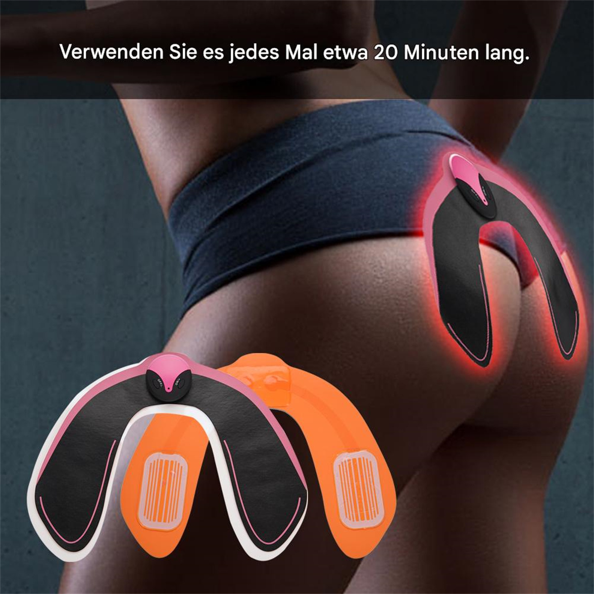 Der Hintern einer Frau mit einem Gerät, das rot leuchtet, und zwei weiteren Geräten davor. Die Geräte werden zur Muskelstimulation verwendet.