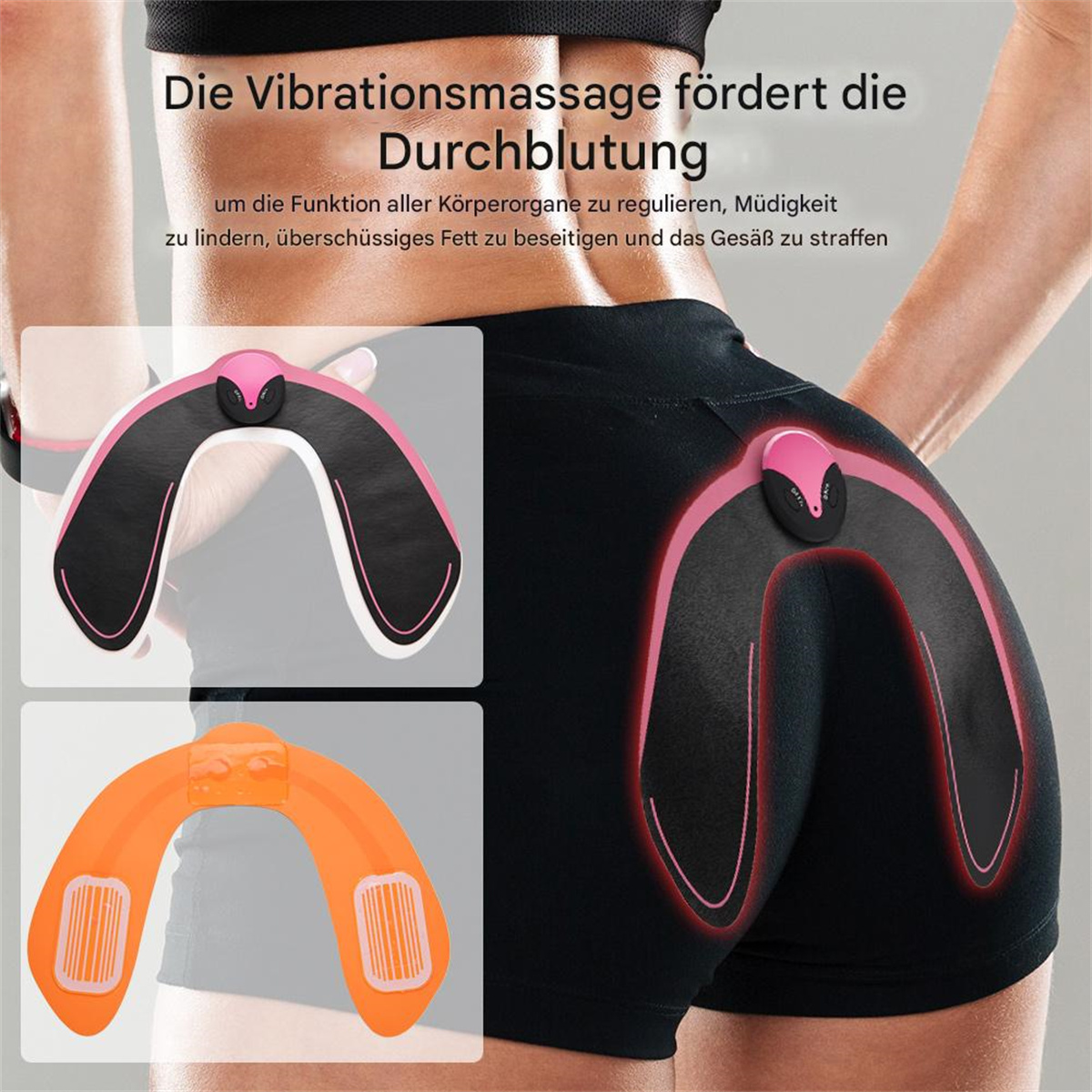 Das Bild zeigt eine Person in schwarzen Shorts mit einem rosa Massagegerät am Gesäß. Zwei weitere Geräte sind ebenfalls abgebildet.