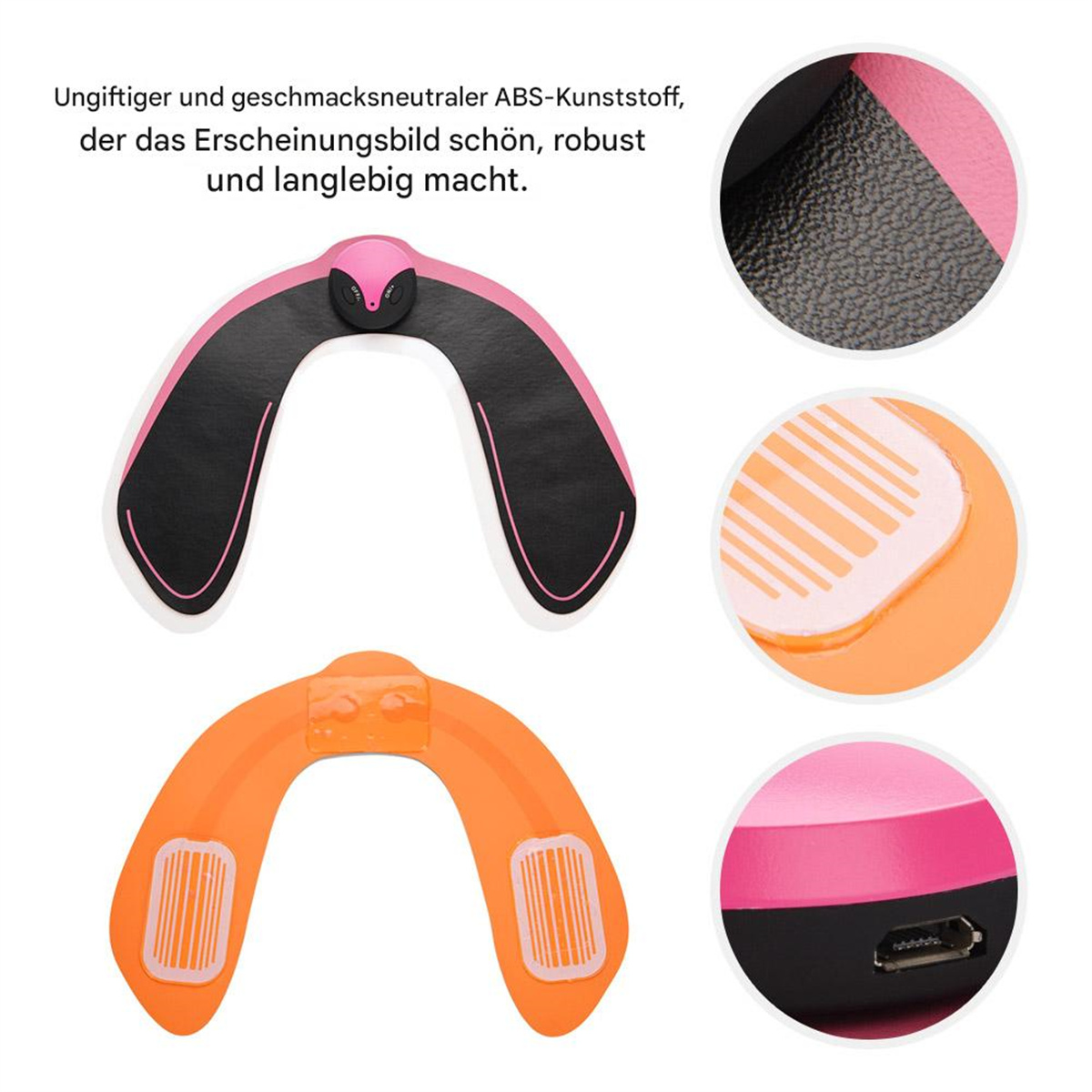 Ein oranges und ein rosa gebogenes Fitnessgerät. Details des Geräts sind in kreisförmigen Nahaufnahmen dargestellt. Text auf Deutsch beschreibt das Produkt.