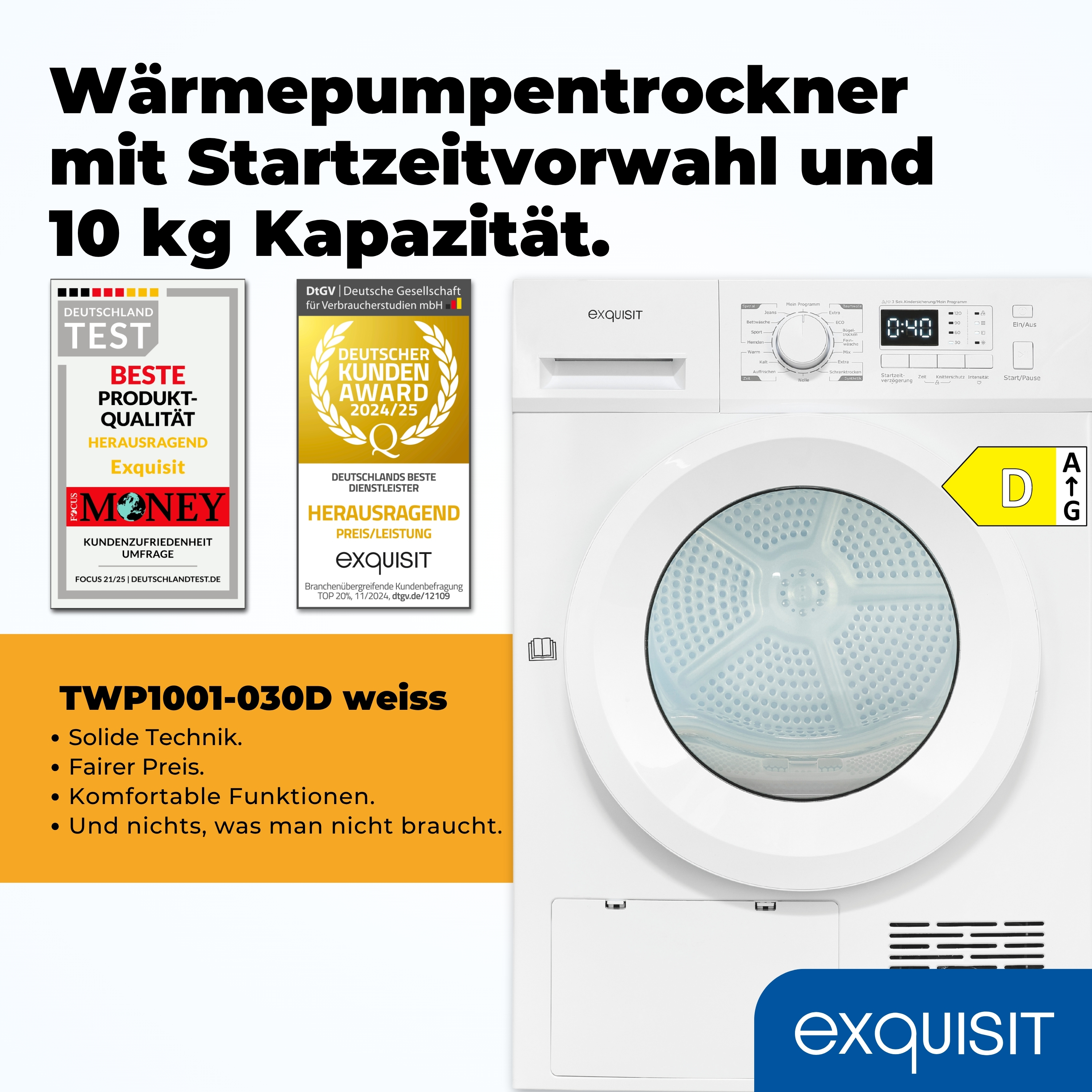 Weißer Trockner mit Auszeichnungen, Bedienfeld und Digitalanzeige mit 0:40. Text: 'Exquisit', '10 kg Kapazität'.