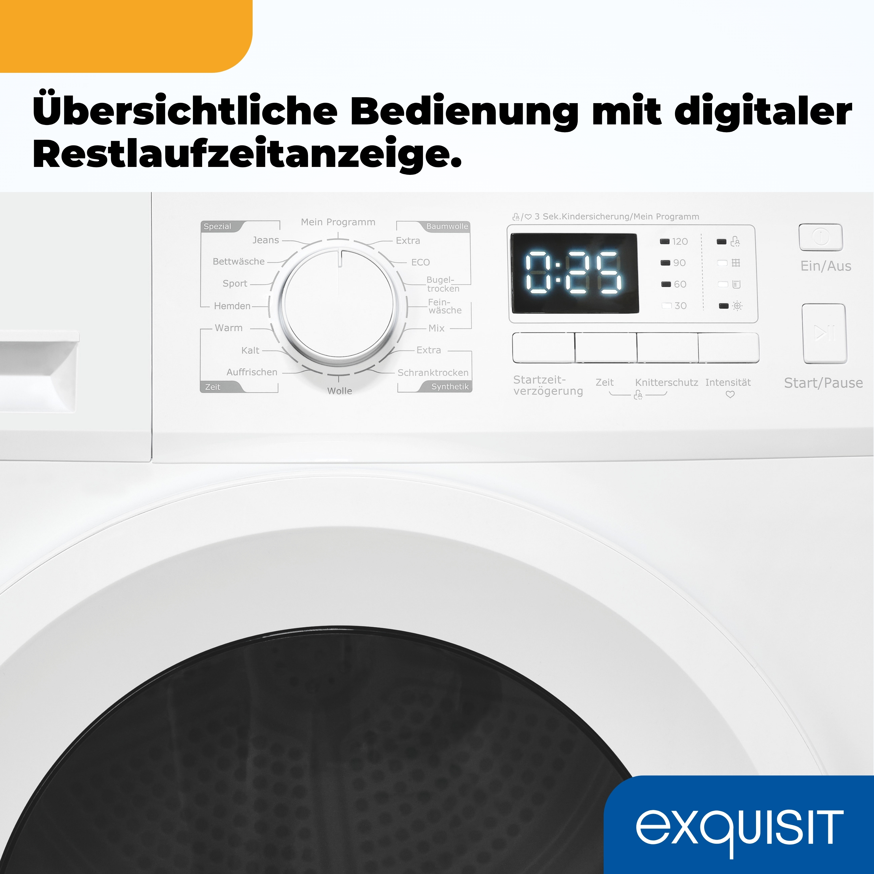 Eine weiße Waschmaschine mit digitaler Anzeige 0:25. Sie hat Knöpfe und einen Drehregler für Einstellungen.
