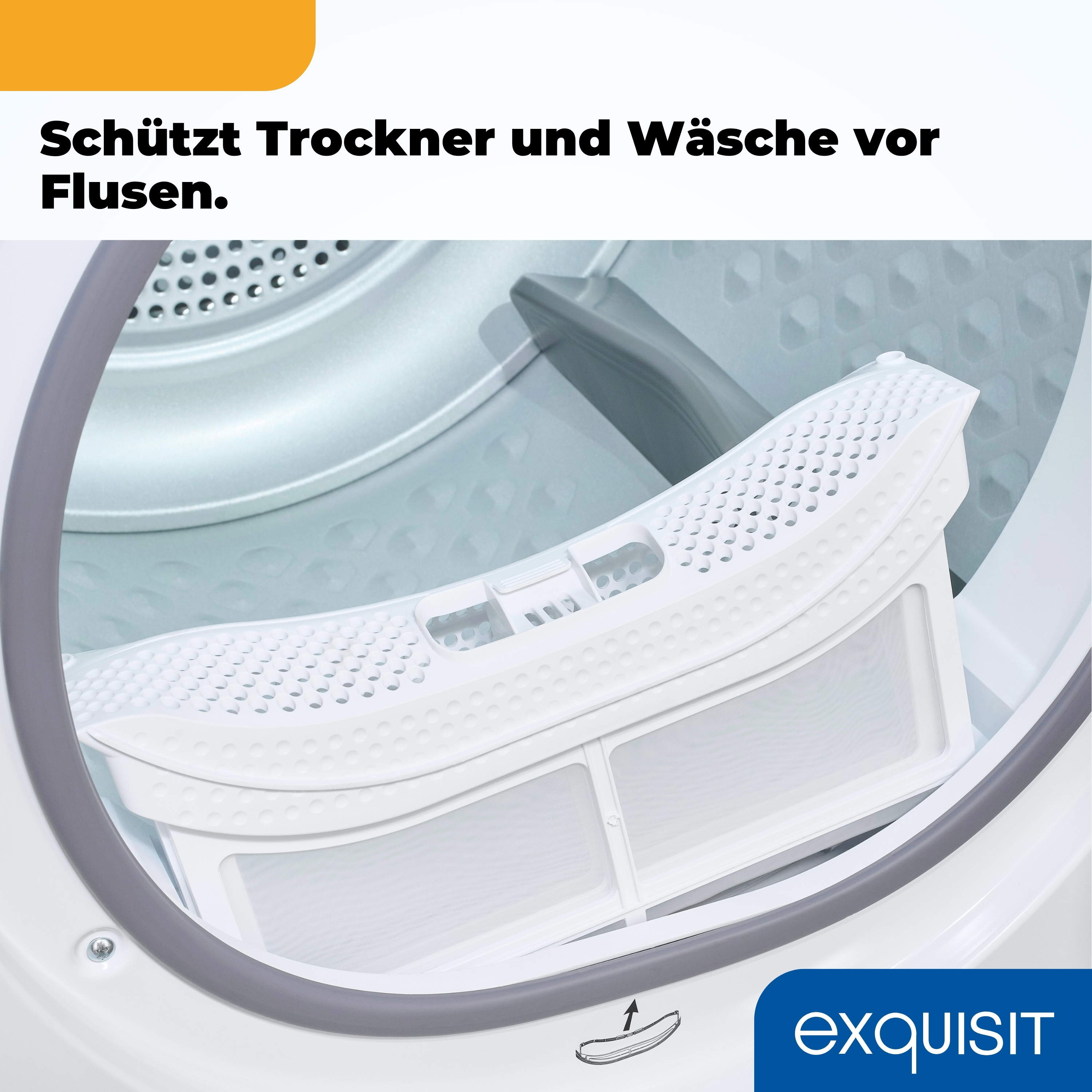 Nahaufnahme eines weißen Trocknerfilters in einem weißen Trockner. Der Filter ist herausnehmbar, und der Trockner ist weiß.