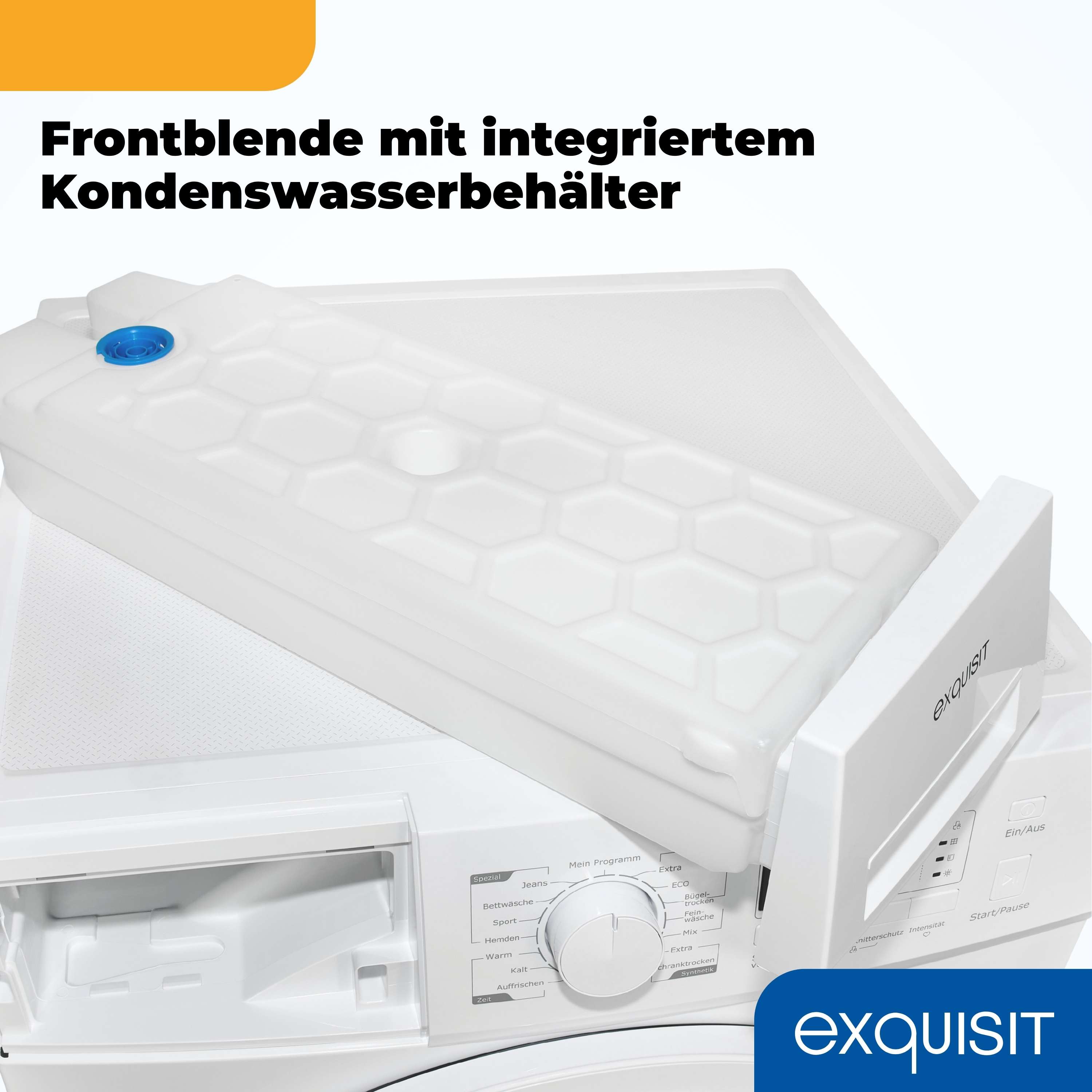 Eine weiße Waschmaschine mit weißem Wassertank. Oben befindet sich eine blaue Kappe. Der Markenname 'exquisit' ist sichtbar.