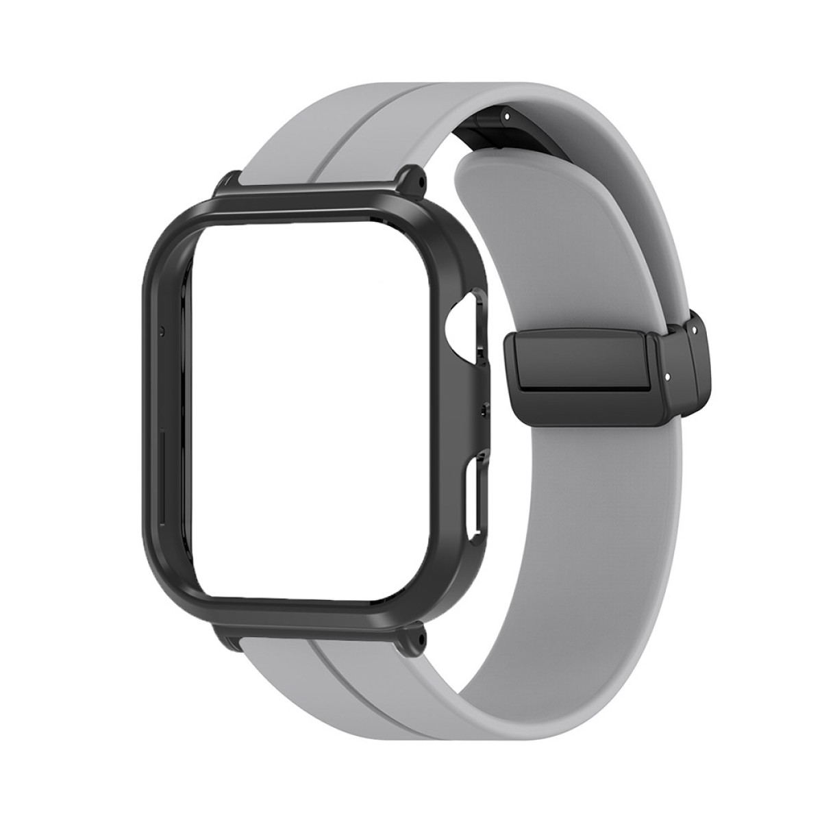 Una custodia nera per smartwatch con cinturino grigio. La custodia ha una forma rettangolare con angoli arrotondati. Il cinturino è grigio chiaro.