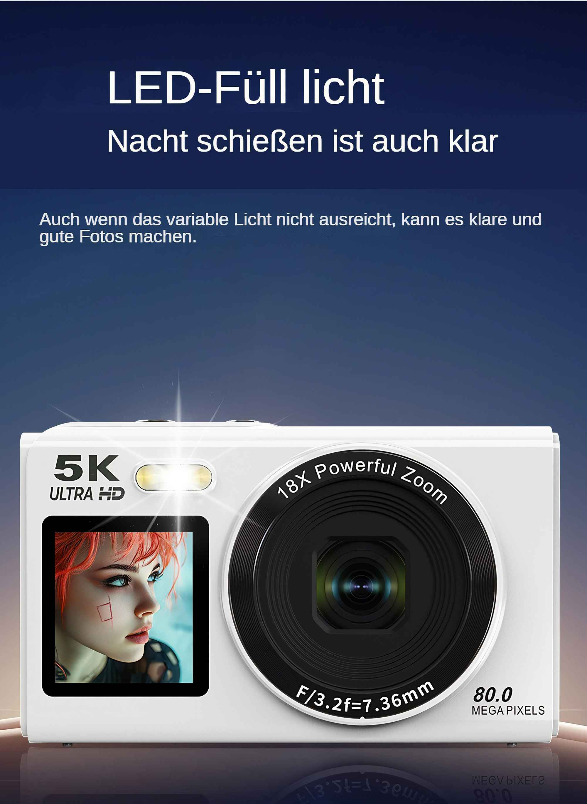 Weiße Kamera mit schwarzem Objektiv, 5K Ultra HD, 18x Zoom. Ein Mädchengesicht ist auf dem Bildschirm.