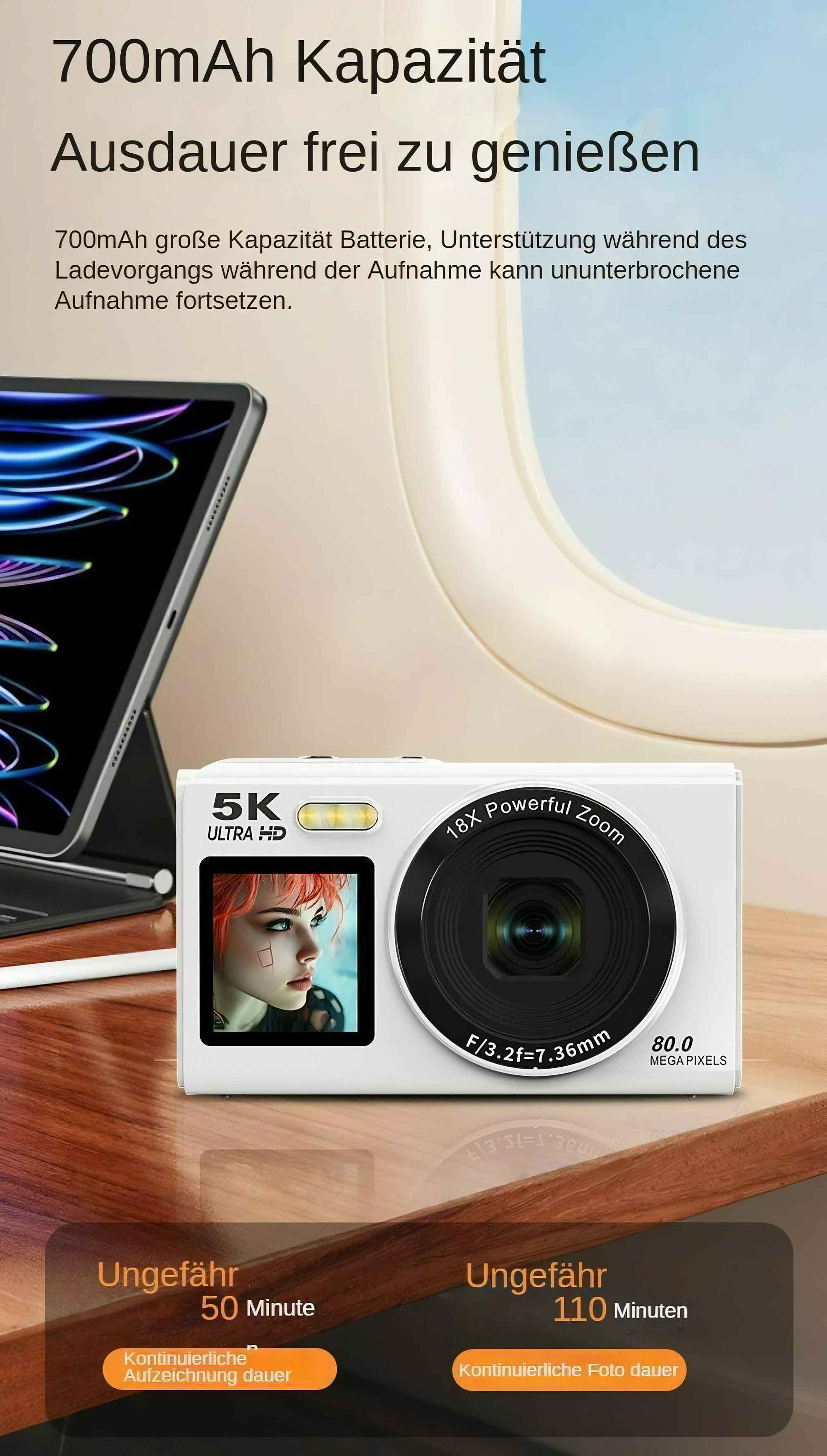 Weiße Kamera mit Bildschirm, der eine Frau zeigt. Daneben ein Tablet. Text: 700mAh Akku, 18x Zoom und 80MP.