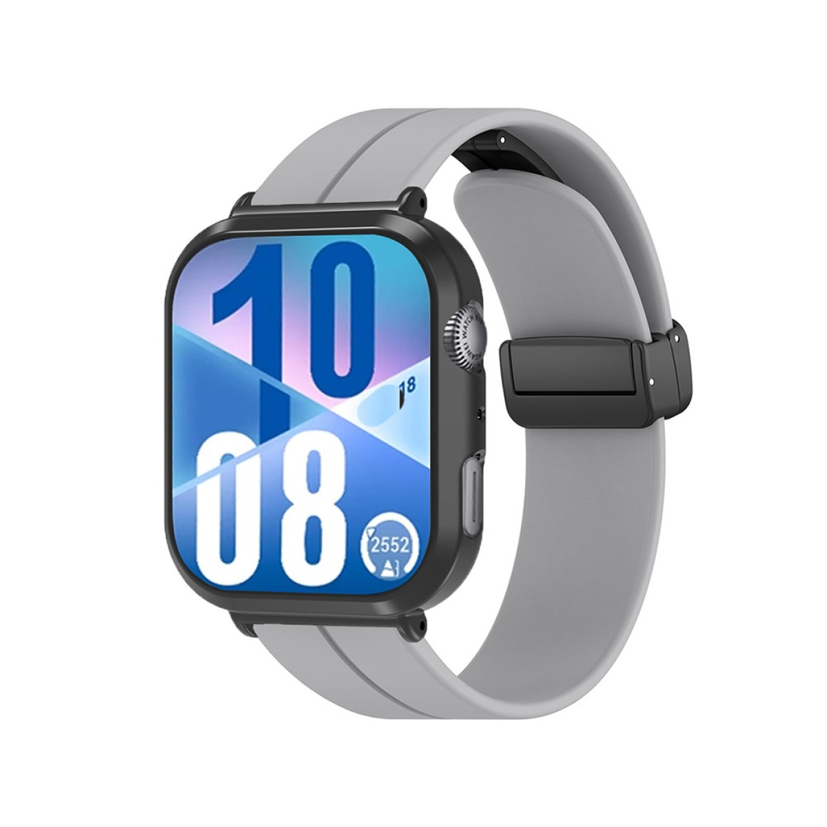 Uno smartwatch con cinturino grigio e cassa nera. Lo schermo mostra le 10:08. L'orologio ha una chiusura nera e un pulsante.