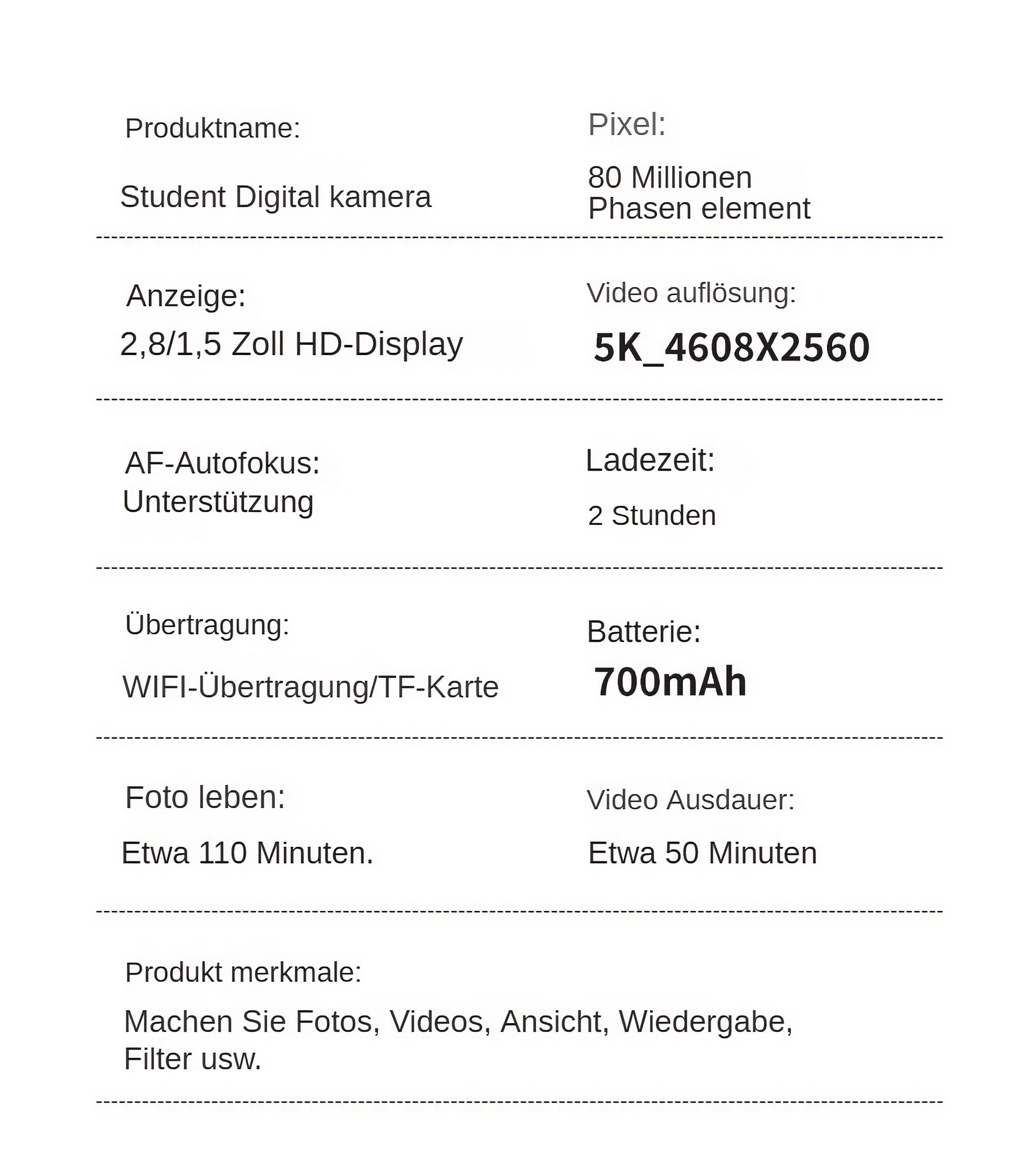 Weißer Hintergrund mit Produktdetails. Text enthält 'Student Digital kamera', Bildschirmgröße, Videoauflösung, Batterie und Funktionen.