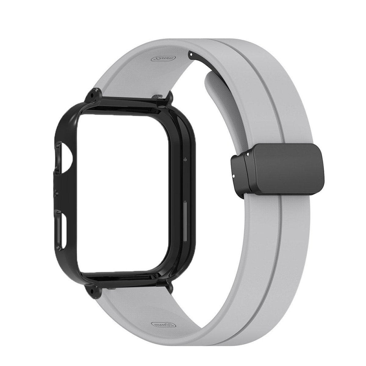 Un cinturino per smartwatch grigio chiaro, con cornice nera. Il cinturino è ad anello e collegato con un fermaglio nero.