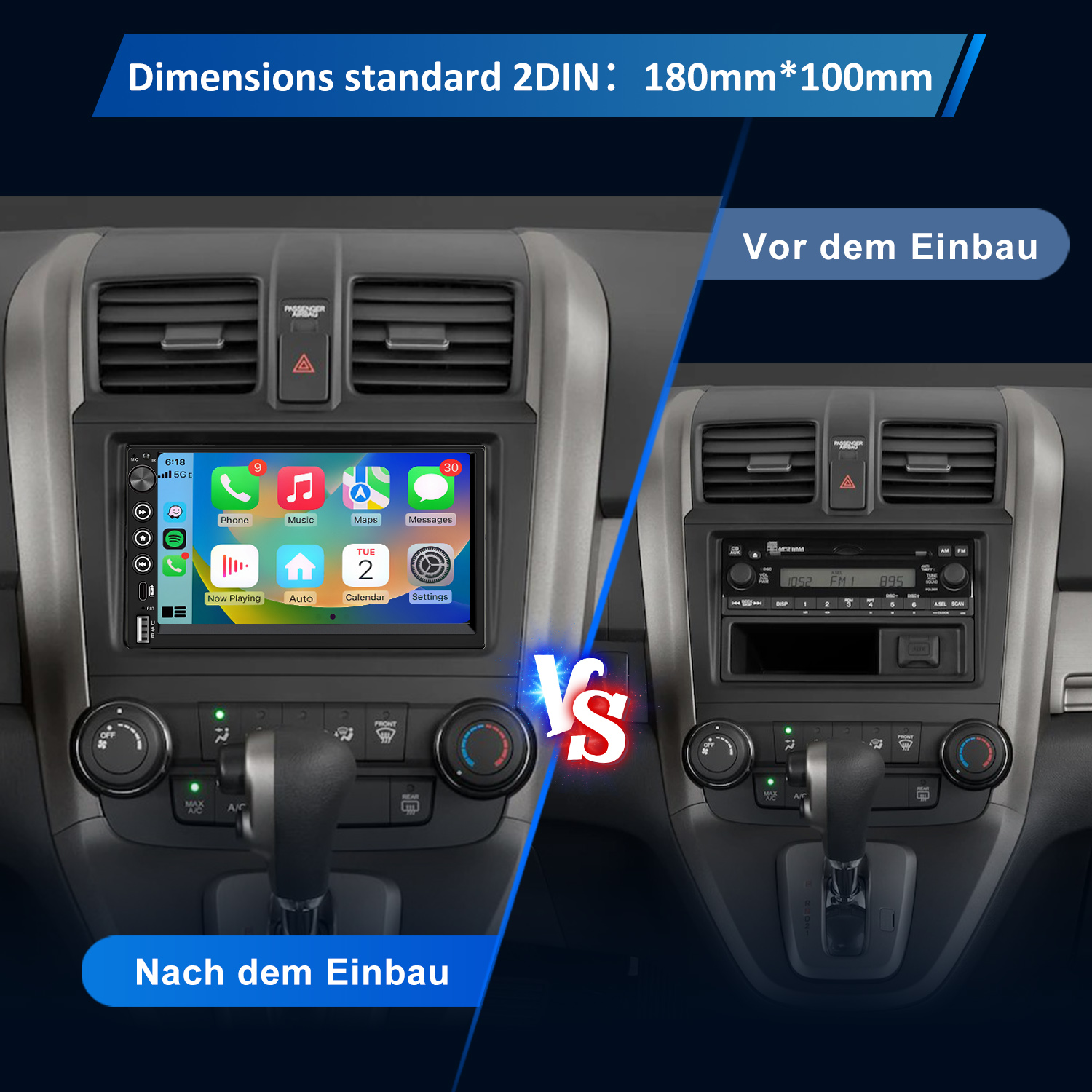 Vergleich des Armaturenbretts eines Autos, zeigt Radio vor und nach der Installation eines neuen Infotainmentsystems. Abmessungen: 180mm*100mm.