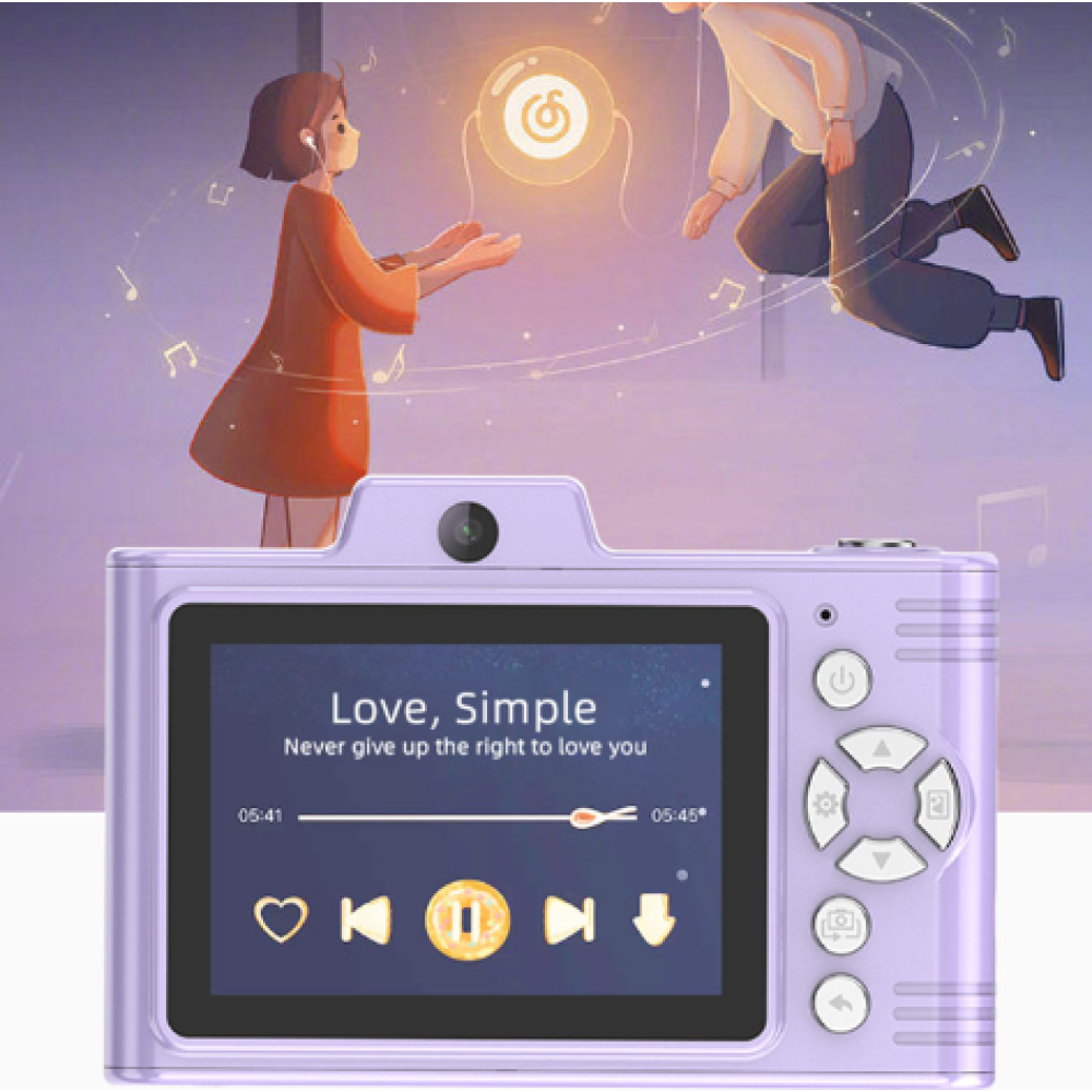 Digitalkamera mit Musik-Player-Oberfläche. Zwei Cartoonfiguren mit Kopfhörern. Eine empfängt Licht von der anderen.